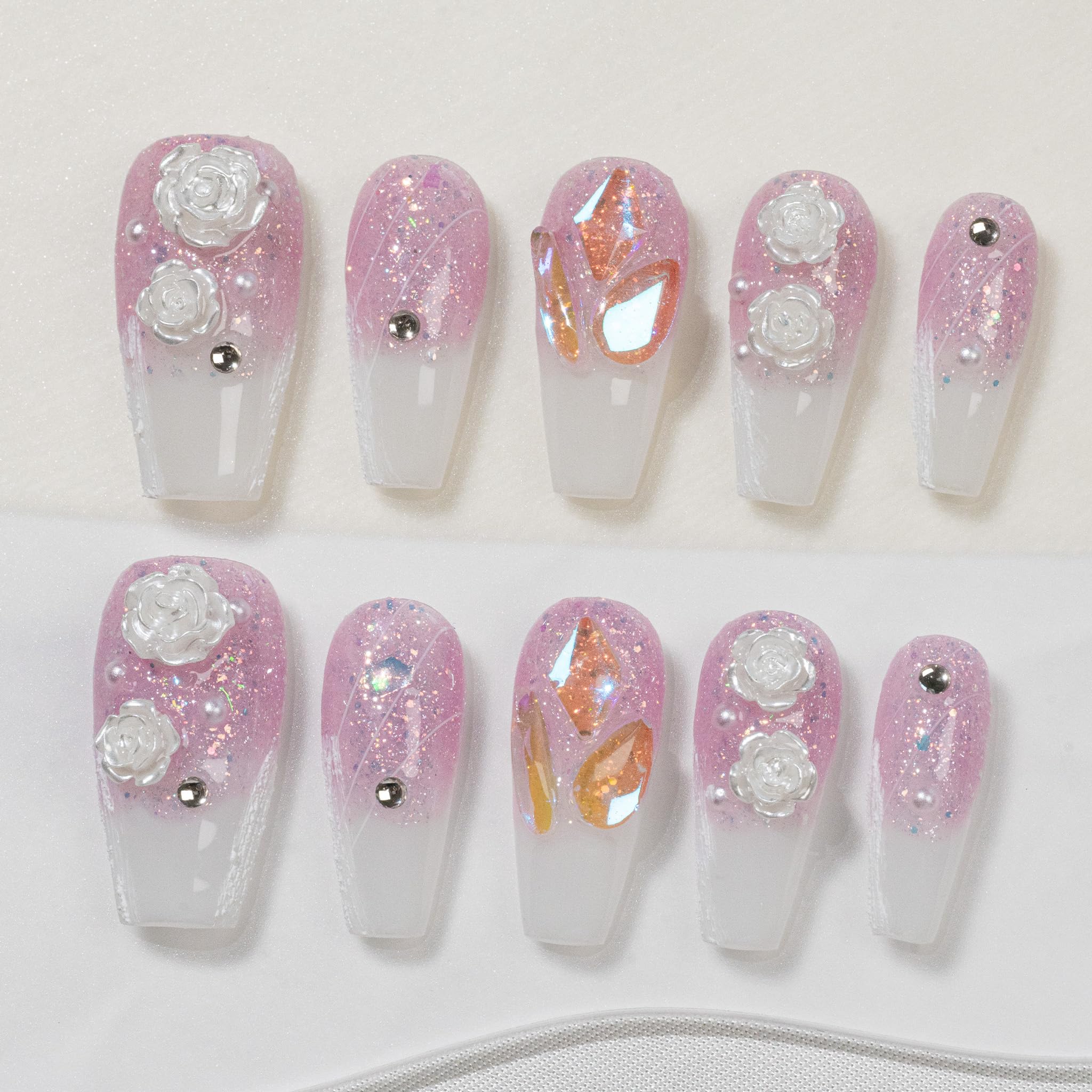 Sun&Beam Nails Handmade Press-on Long Coffin Ballerina Red White Black Silver Glam Halloween Ombre Design Fashion False Nail Tips 10 Pcs Set (#189 M) — view 104