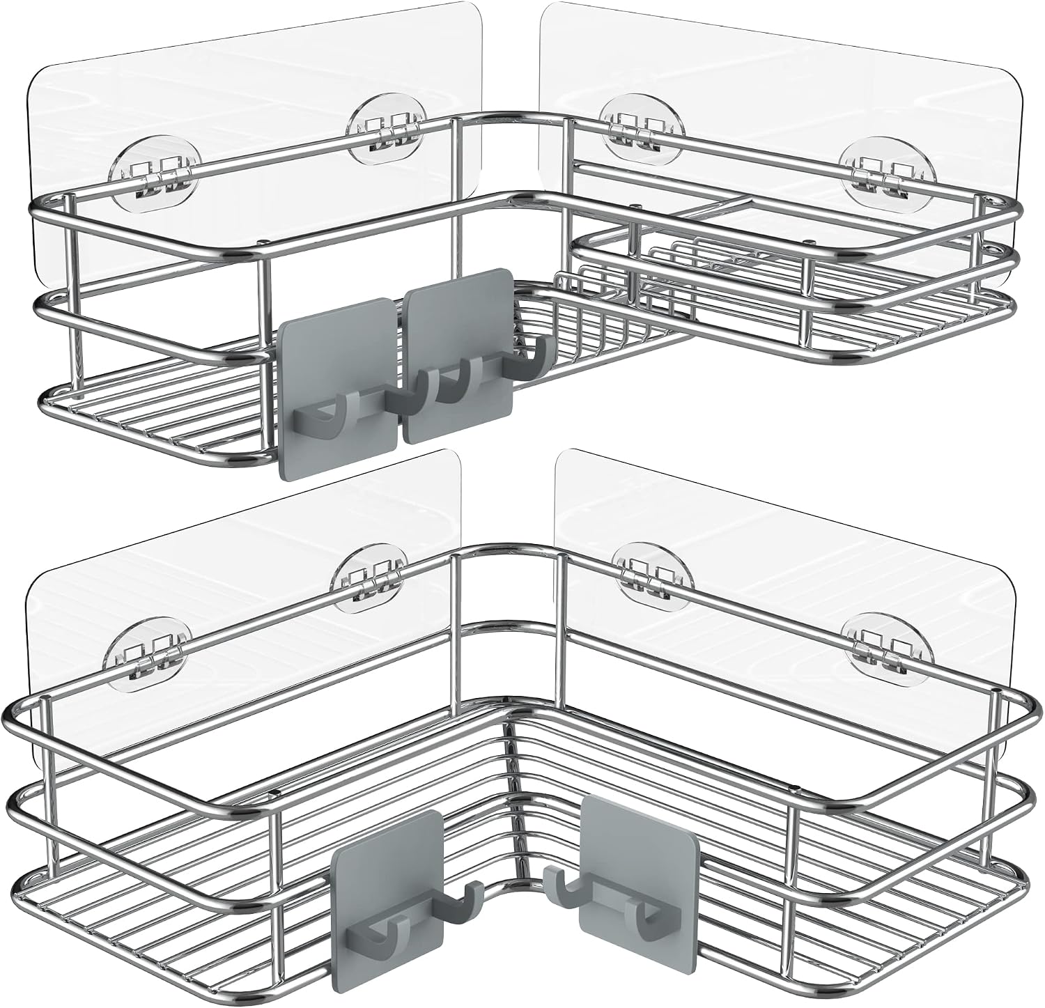 Nieifi Corner Shower Caddy with Built-In Soap Holder with Hooks, Shower Organizer Shelf Rack Basket Storage, Rust Proof Stainless Steel Bathroom Shelves Drill Free 2 Pack For 90-Degree Corner Only