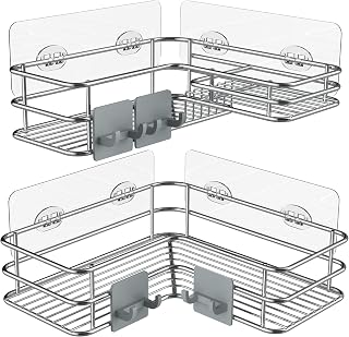 Nieifi Corner Shower Caddy with Built-In Soap Holder with Hooks, Shower Organizer Shelf Rack Basket Storage, Rust Proof Stainless Steel Bathroom Shelves Drill Free 2 Pack For 90-Degree Corner Only
