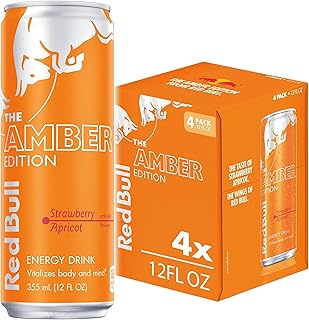 Amber Edition Energy Drink, Strawberry Apricot, with 114mg Caffeine plus Taurine & B Vitamins, 12 fl oz, Pack of 4 Cans