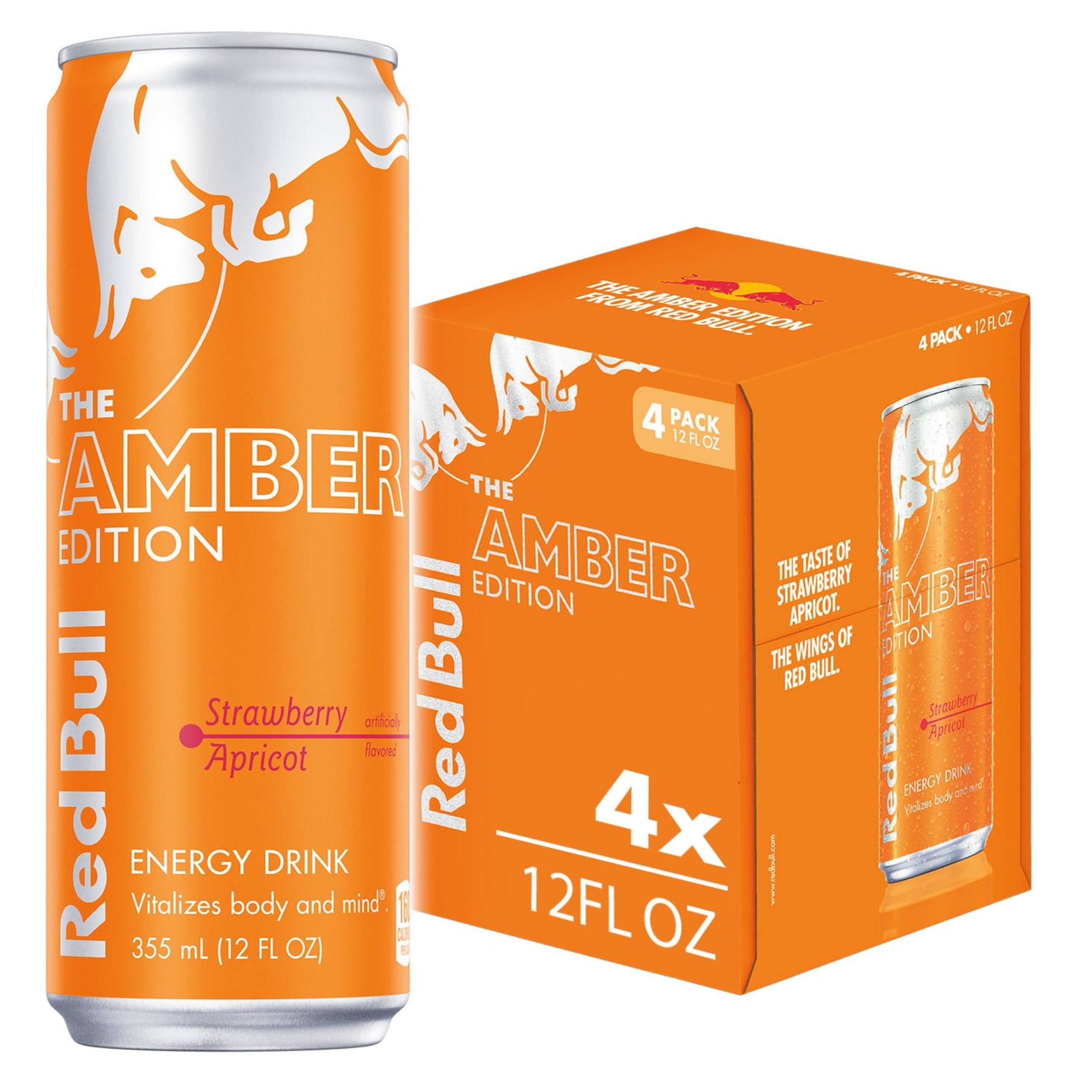 Red Bull Amber Edition Energy Drink, Strawberry Apricot, with 114mg Caffeine plus Taurine & B Vitamins, 12 fl oz, Pack of 4 Cans