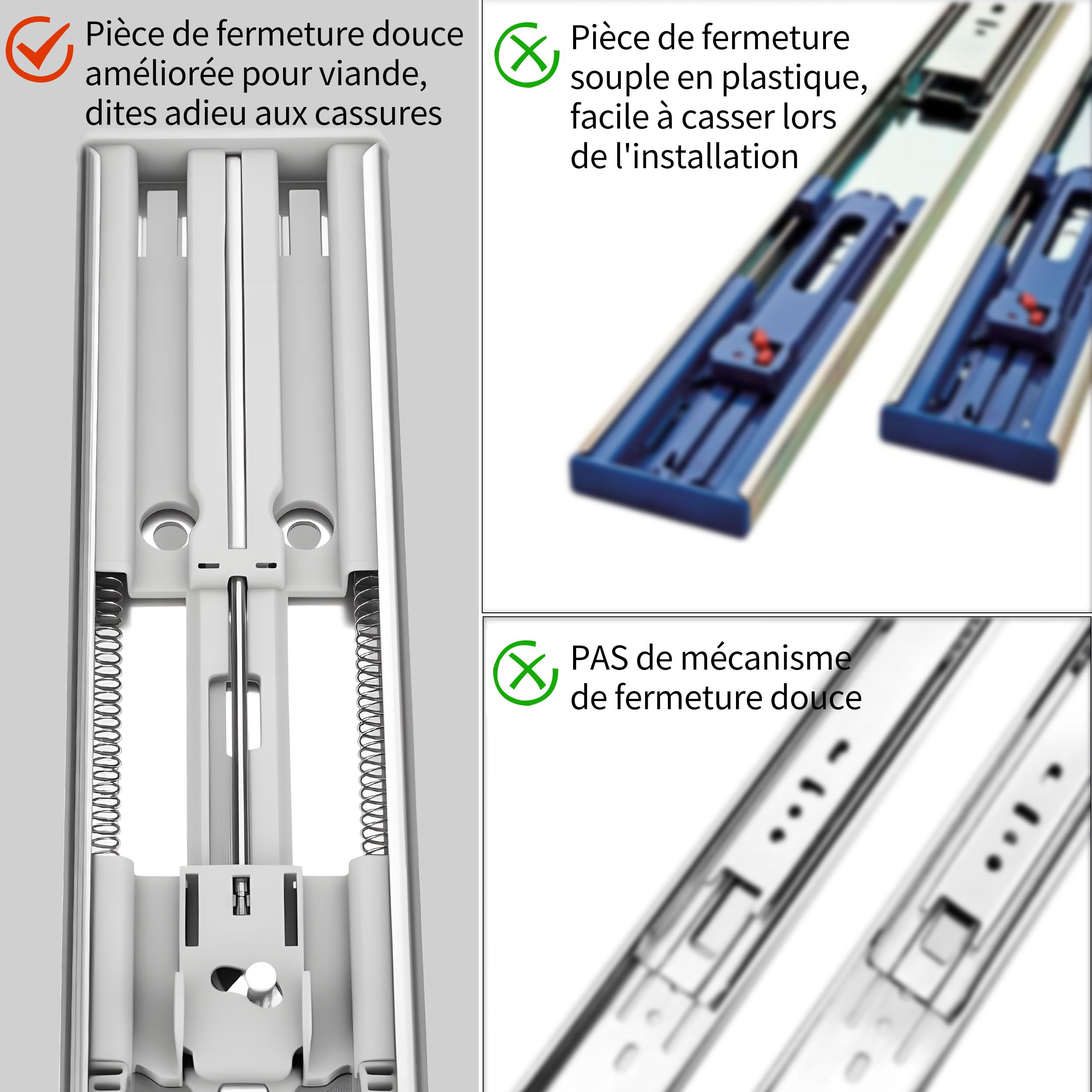 HLC glissiere pour tiroir 6 paires (12pcs), 50cm Glissières de tiroir à fermeture automatique douce, extension complète avec glissières à roulement à billes, coulisse tiroir 100 lb de capacité