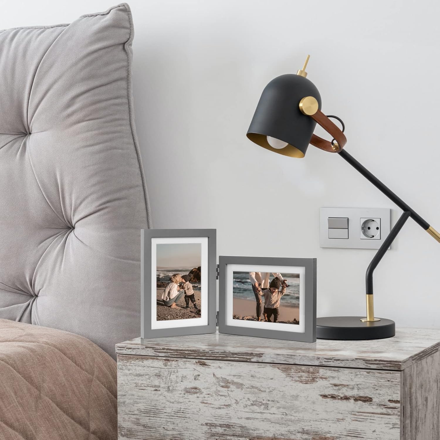 5X7 Double Wooden Hinged Picture Frame Vertical and Horizontal in Gray, Display 4x6 with Mat or 5x7 without Mat, Folding Photo Frame with Real Glass Front for Tabletop P-HUI-SH57