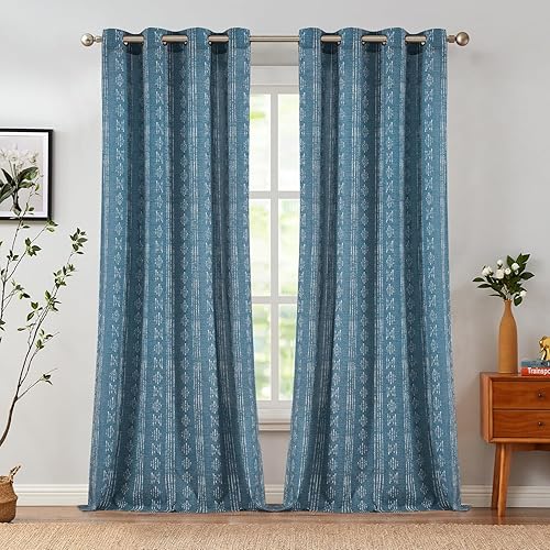 Miniatura 2 de Vangao Cortinas bohemias con estampado de rayas azules, cortinas de granja de 96 pulgadas de largo, 2 paneles de cortinas de mezcla de lino para