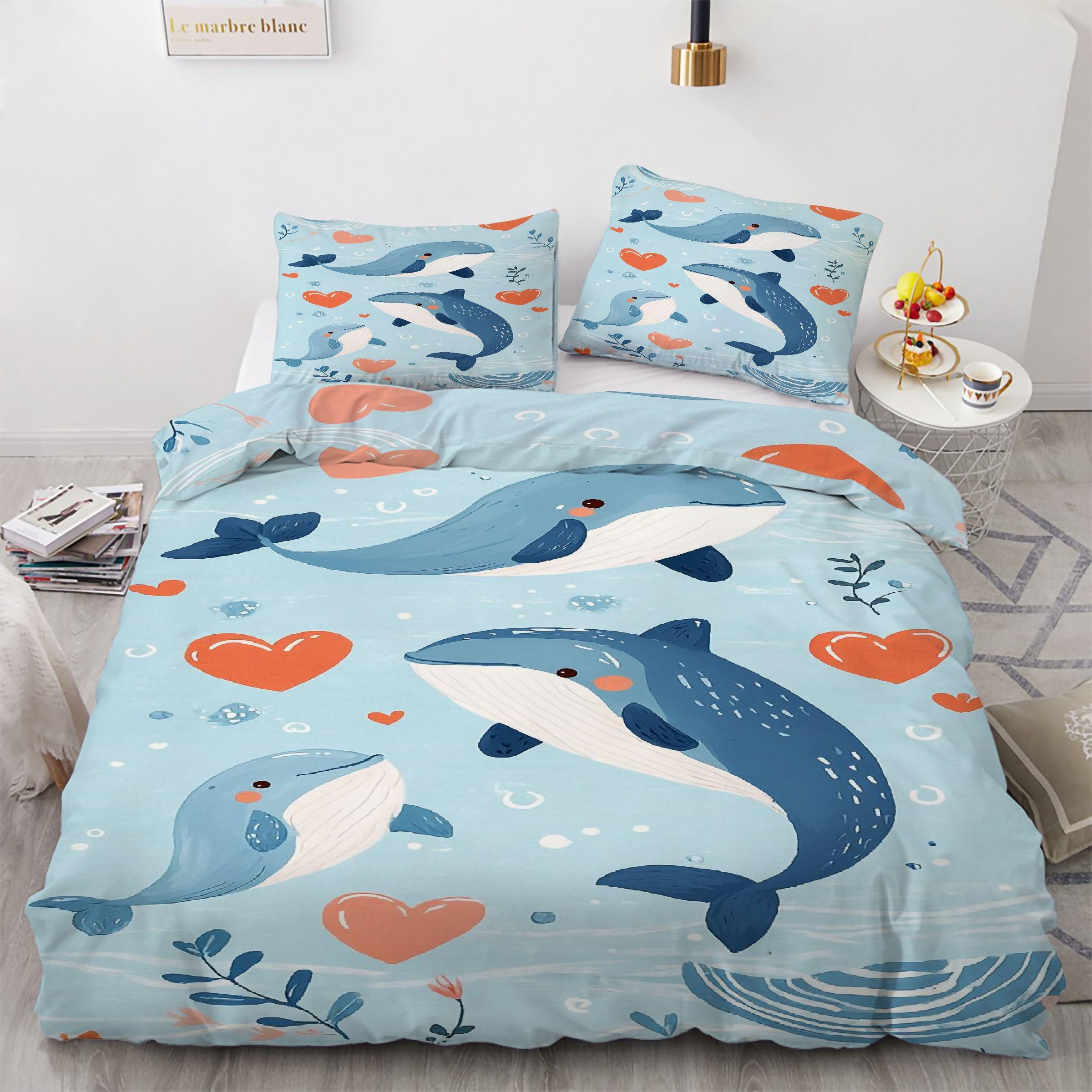 Parure de lit dauphin 240x260 bleu avec housse de couette en microfibre et 2 taies d'oreiller Kg528
