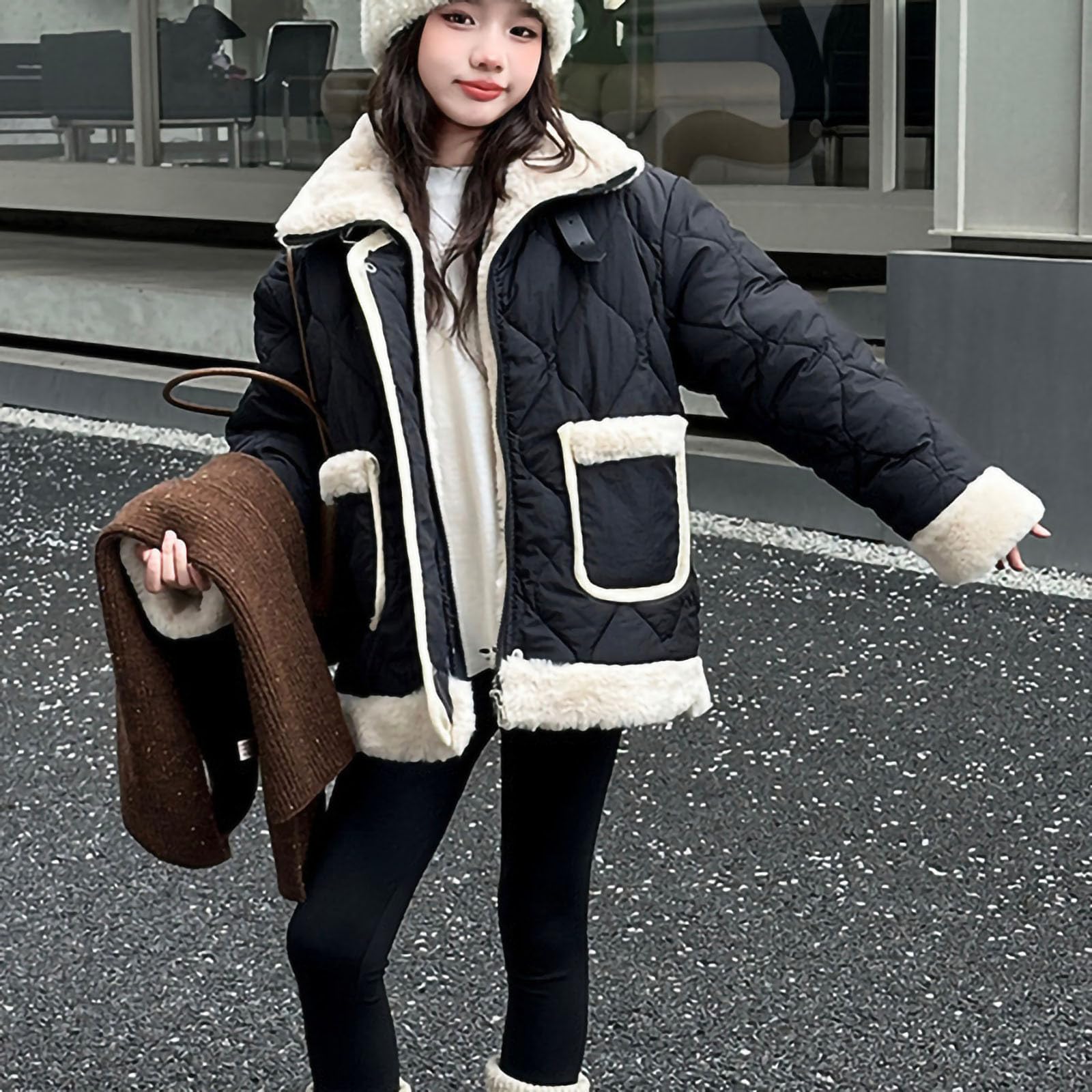 Abrigos con forro de sherpa para niñas, chaquetas acolchadas de forro polar de gran tamaño, con solapa y botones, con cremallera, abrigos con bolsillos, chaqueta de invierno para clima frío de