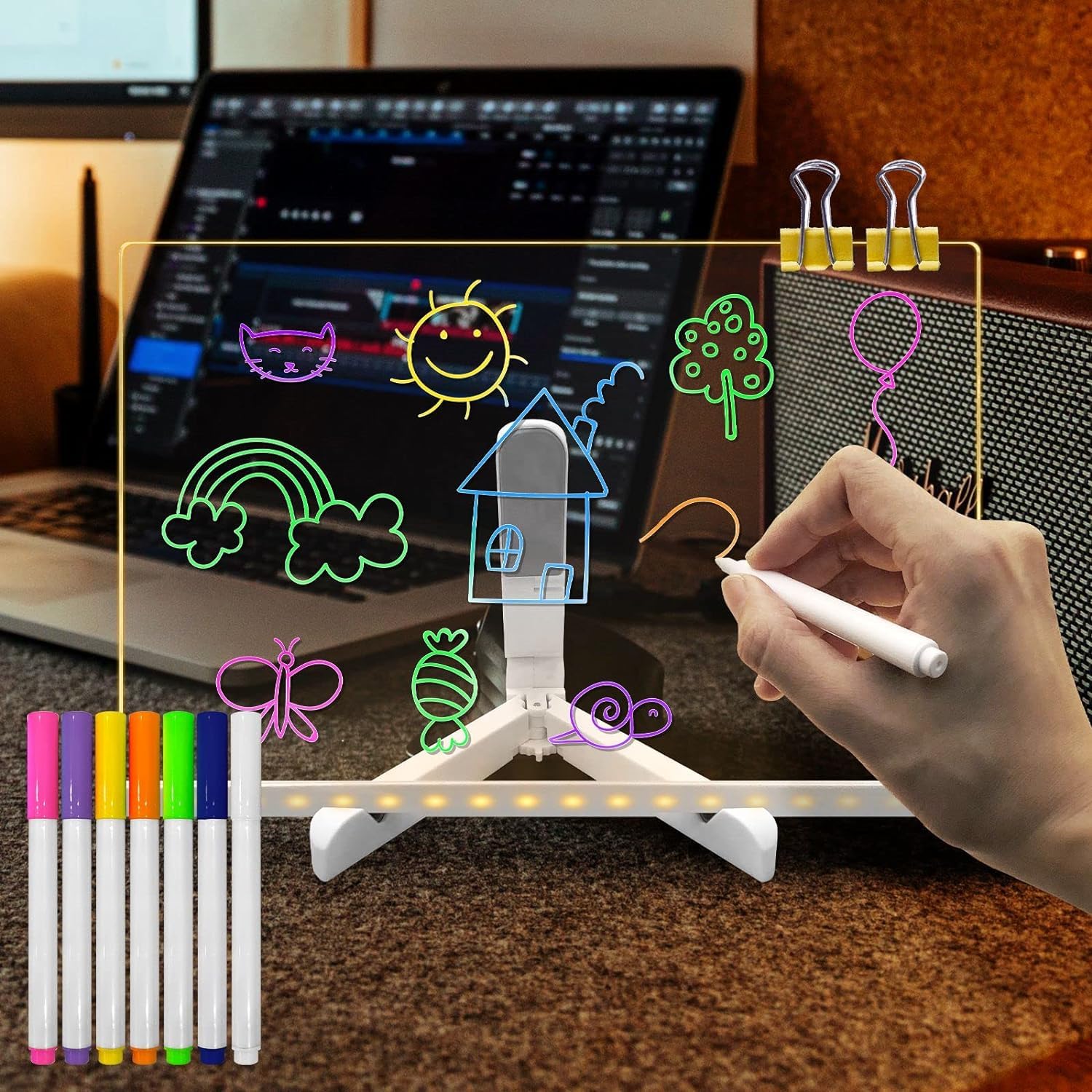 etheEstation LED Aclyric Writing Note Lamp with Colors Acrylic Writing Desk Lamp with Light and Stand As Glowing Memo Glass Drawing Message writing lamp with 7 Color Pens for Restaurant, Office & Home