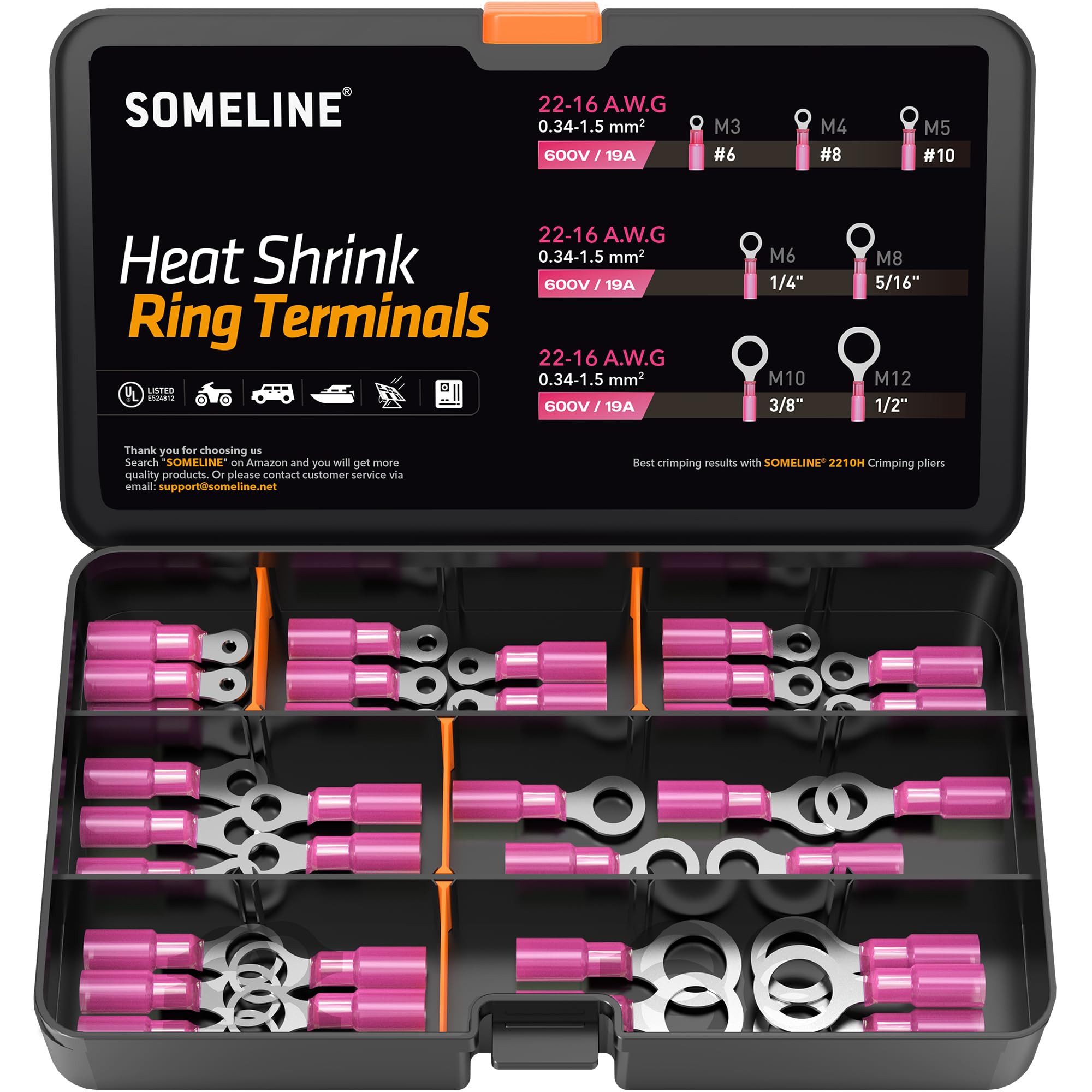 SOMELINEM3-M12 Ring Terminals, Heat Shrink Connector Set, Crimp Connector 0.34-1.5 mm², Ring Terminals with Heat Shrink Insulation, Tinned Copper Connector, Red, 7 Sizes, 35 Pieces