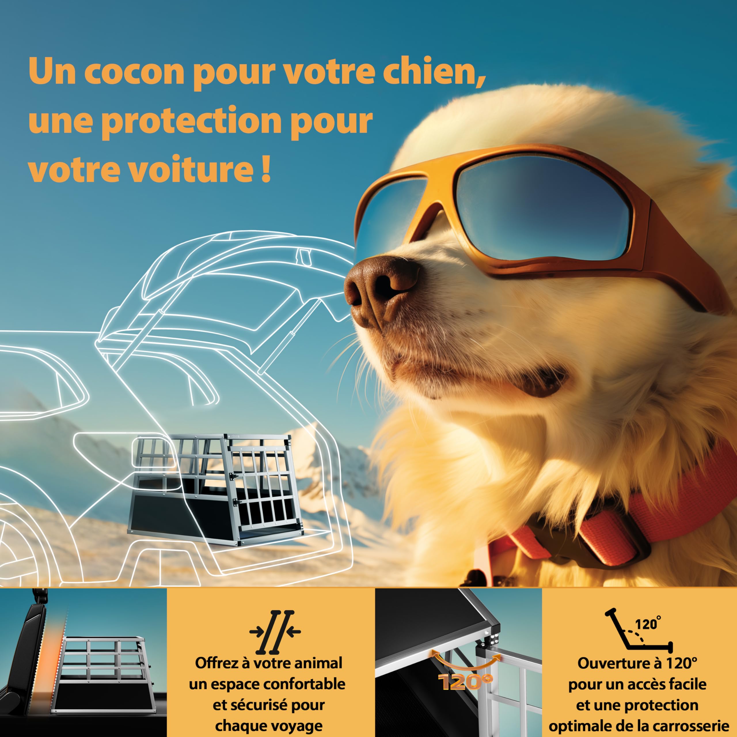 CADOCA® Cage de Transport M pour Animaux Aluminium MDF Noir Argent Caisse Chien boîte Box de Transport Voiture