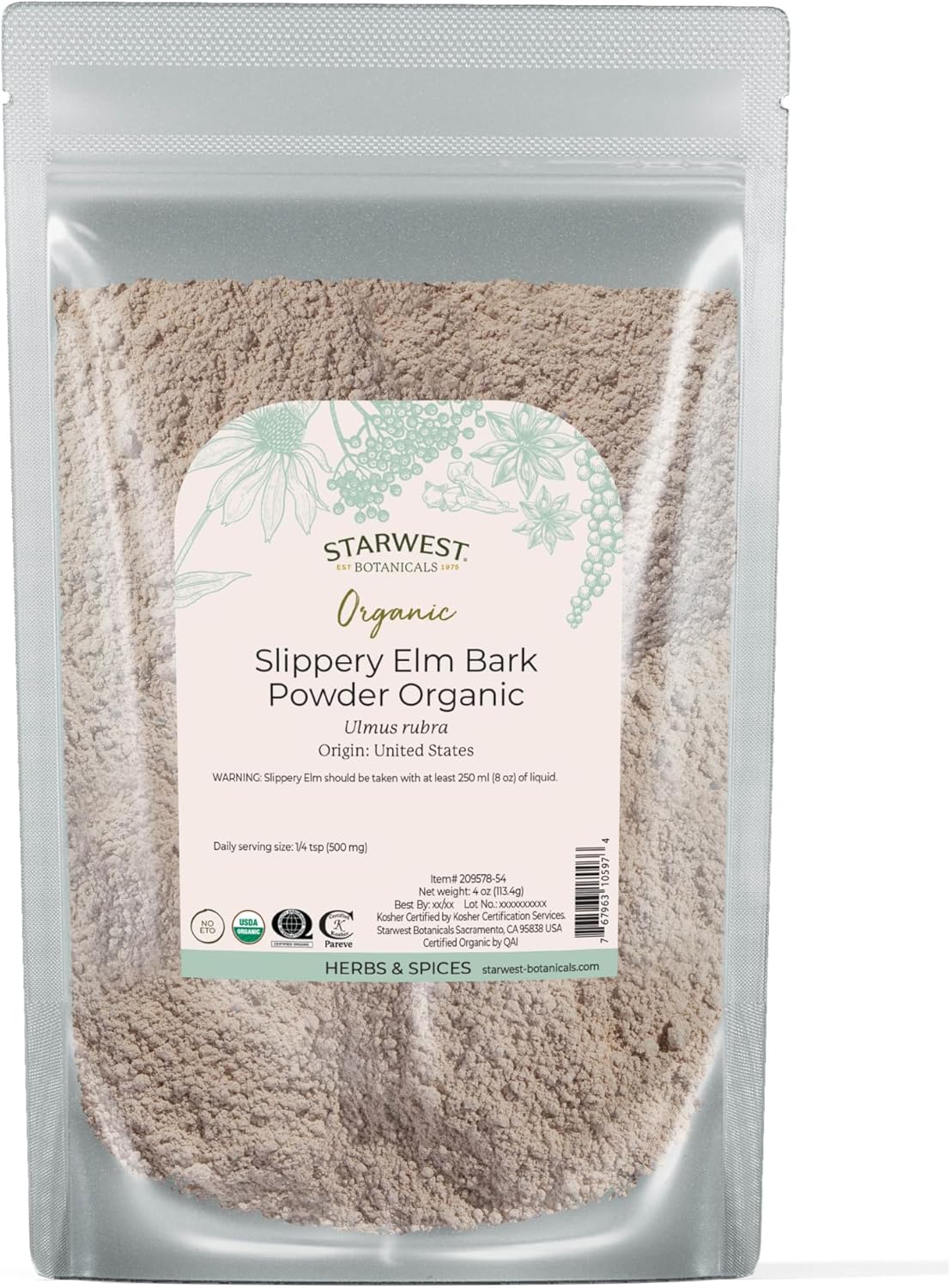 Starwest Botanicals Organic Slippery Elm Bark Powder - Traditional Herb for Tea & Recipes, Enjoy with Milk & Sweetener, Certified Kosher, Non-GMO - Bulk 1 lb Bag