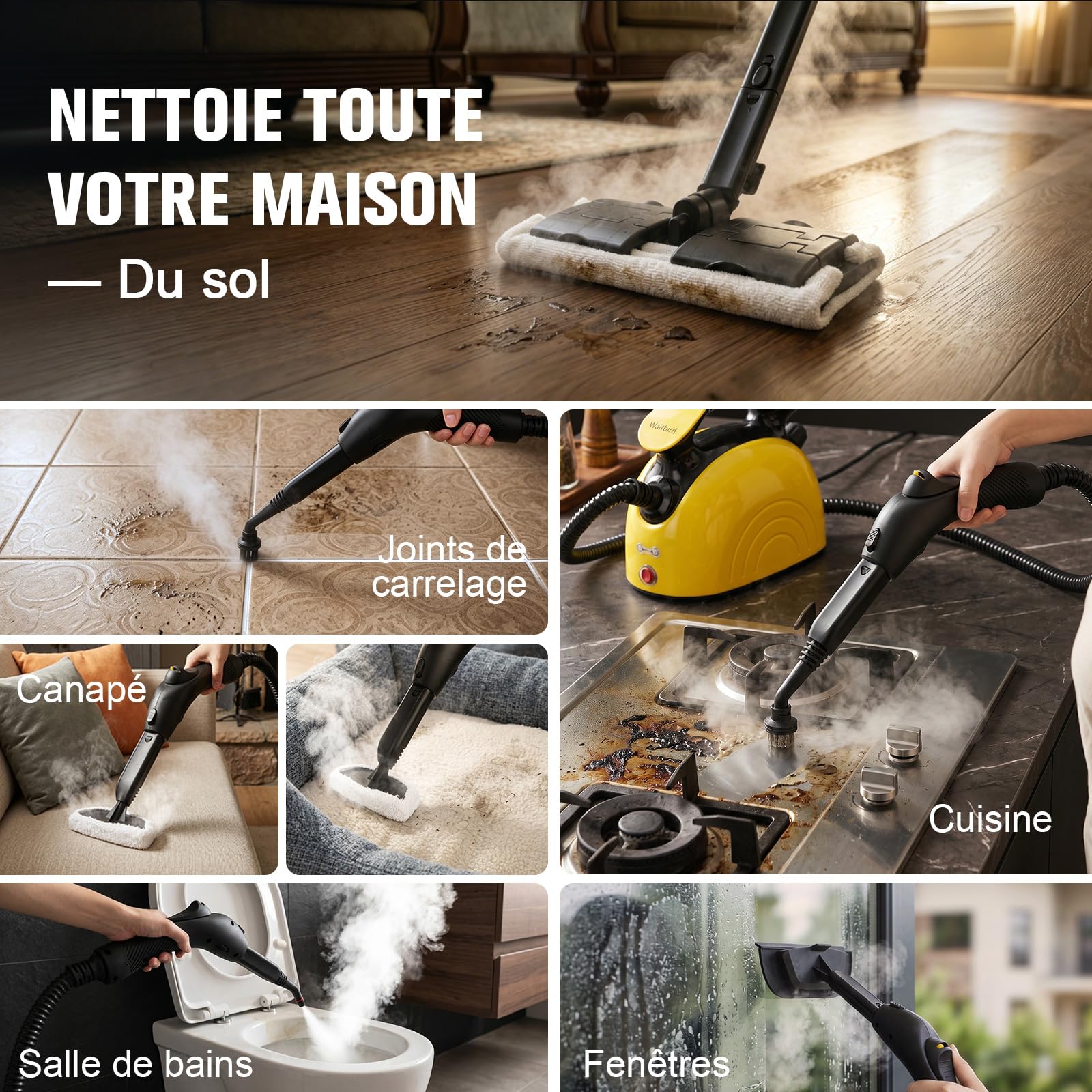 Waitbird Nettoyeur Vapeur Portable, Nettoyeur Avec 21 Accessoires | Nettoyage Sans Produits Chimiques Pour Sol, Four, Voiture, Carrelage, Tapis Et Canapé 丨 Pression 4,5 Bars 丨 Vapeur 120°C