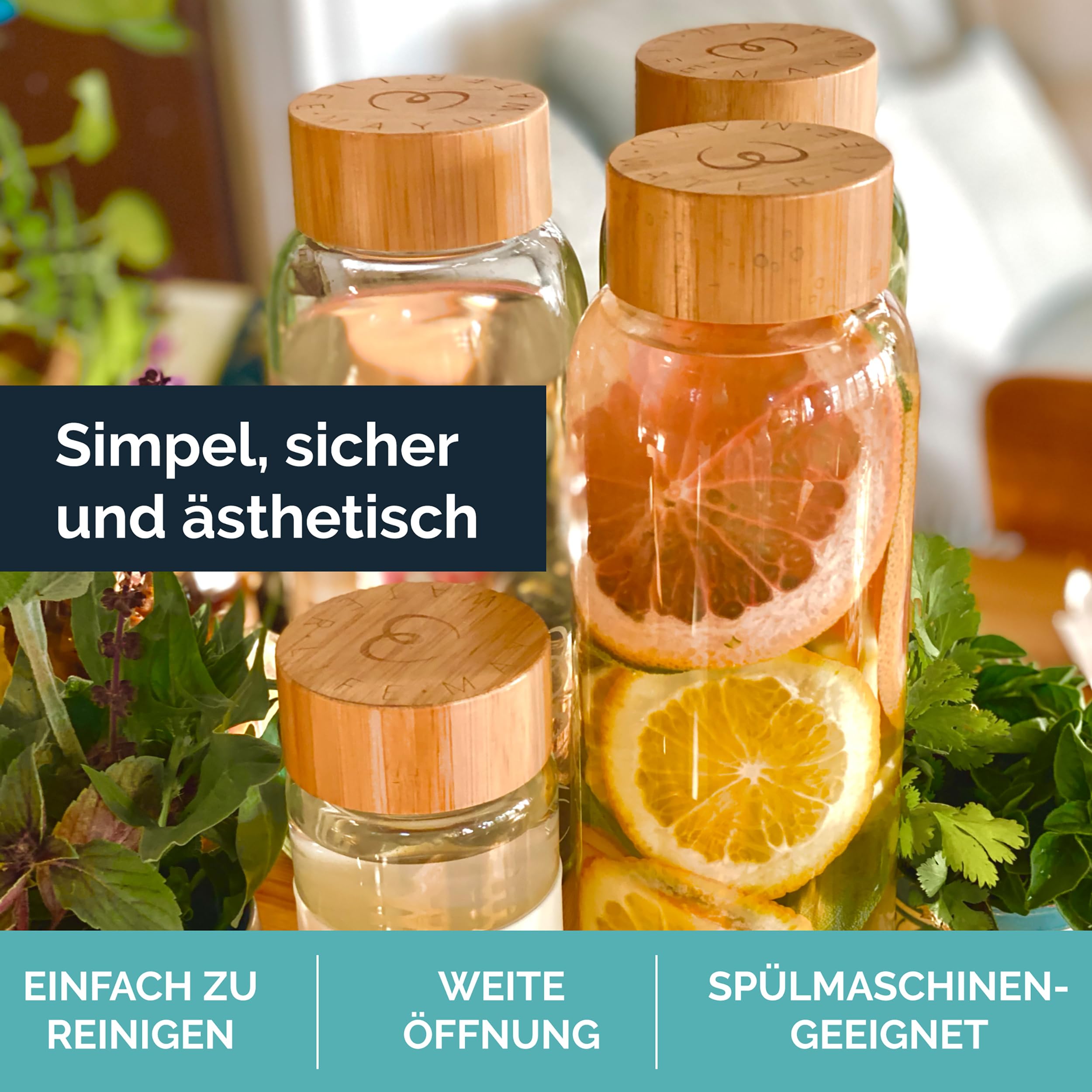mayu Water Wasserflasche, Borosilikatglas, Bambusdeckel, 1,5 Liter | Integriertes Sieb, Bambus-Deckel, BPA-frei, auslaufsicher, umweltfreundlich, ideal für Wasser, Tee & Infused Water