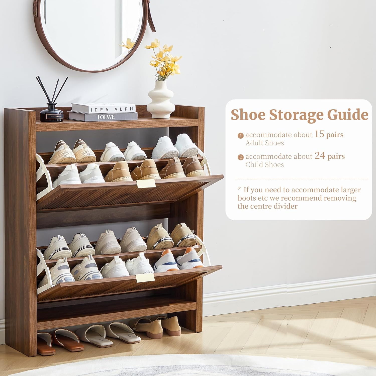 Fluted Shoe Storage Cabinet with 2 Flip Door for Entryway, Modern Freestanding Narrow Wood Shoe Rack Cabinet for Foyer, Front Door, Hallway