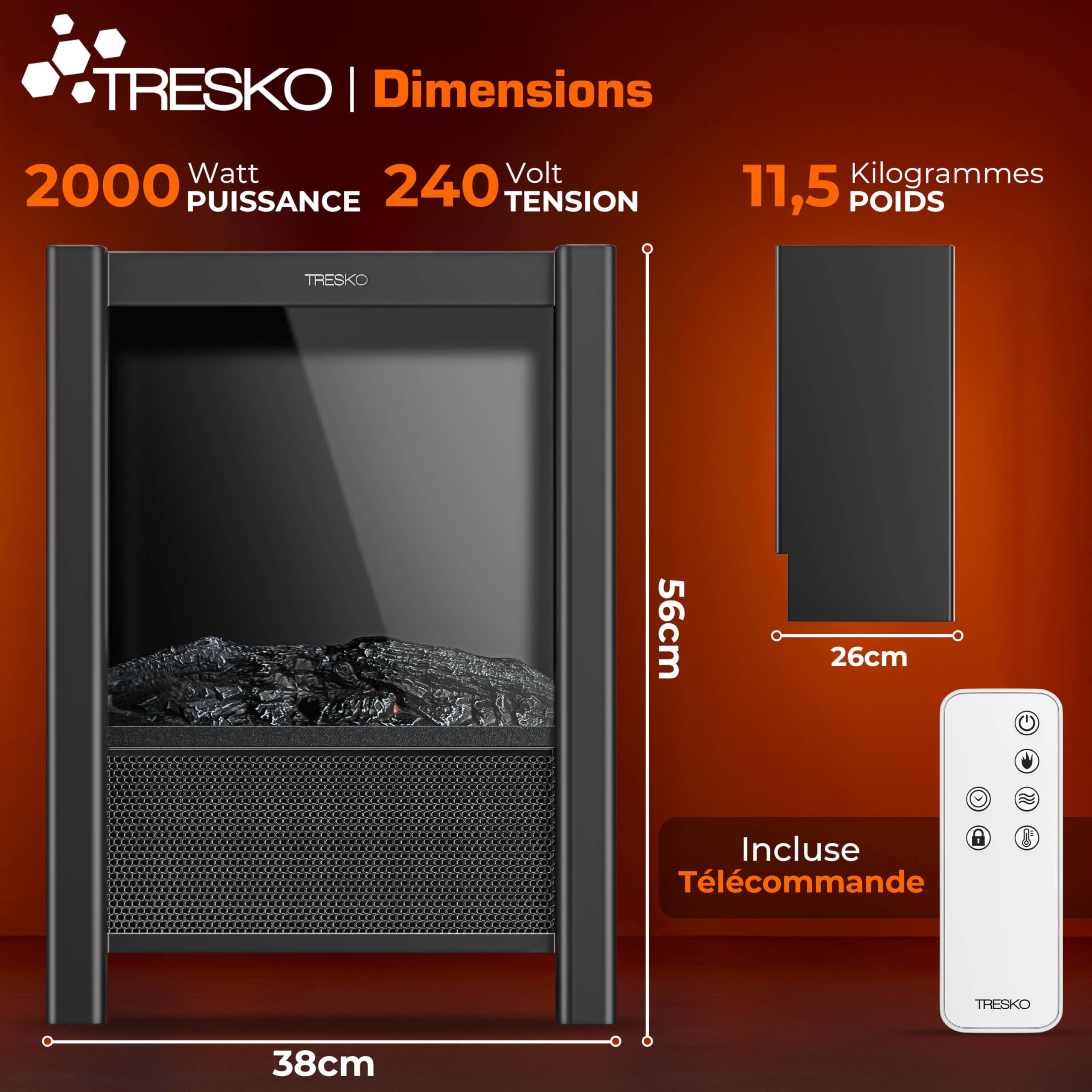 TRESKO® Cheminée électrique 2000W, Maison Intelligente WiFi app & télécommande | Poêle électrique Effet Flamme LED & écran LCD | Foyer électrique avec Thermostat | Chauffage soufflant minuterie