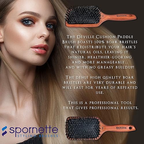 Miniatura 7 de Spornette Deville Cushion Paddle Brush - Cepillo de cerdas de jabalí con mango de madera, para alisar, alisar, desenredar, peinar y cepillar para