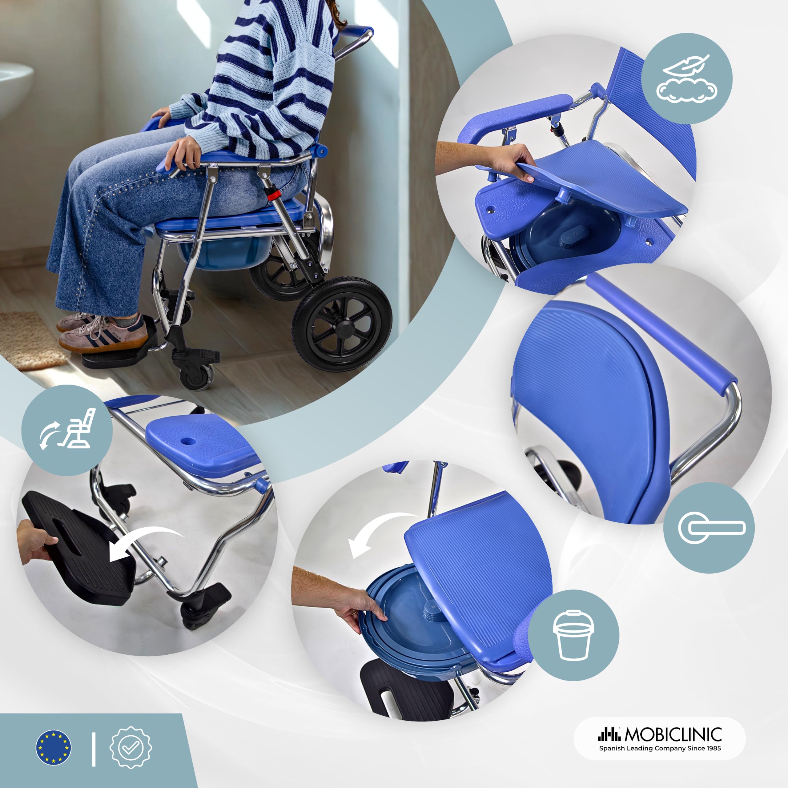 Mobiclinic®, Krzesło Prysznicowe, Składane, 3 w 1, Wyjmowane Wiadro 6,5 l, Podłokietniki i Podnóżek, Przenośna Toaleta, Kółka z Hamulcem, Antypoślizgowe, Lekkie, Aluminiowe, Babor