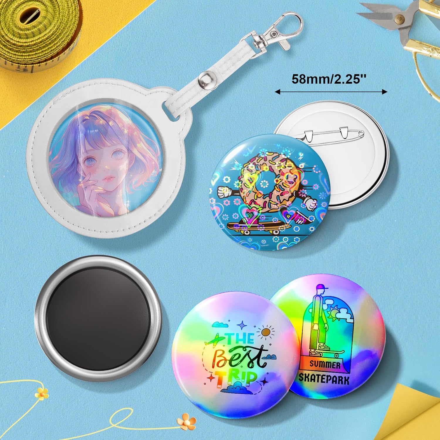 Button Maker Machine 2.25'', Pin Maker Button Press Machine W/100 Holographic Film Pinbacks,10 Fridge Magnet Badge, 5 Badge Pendant, DIY Kit for Christmas Party School(Green, 2.25'')