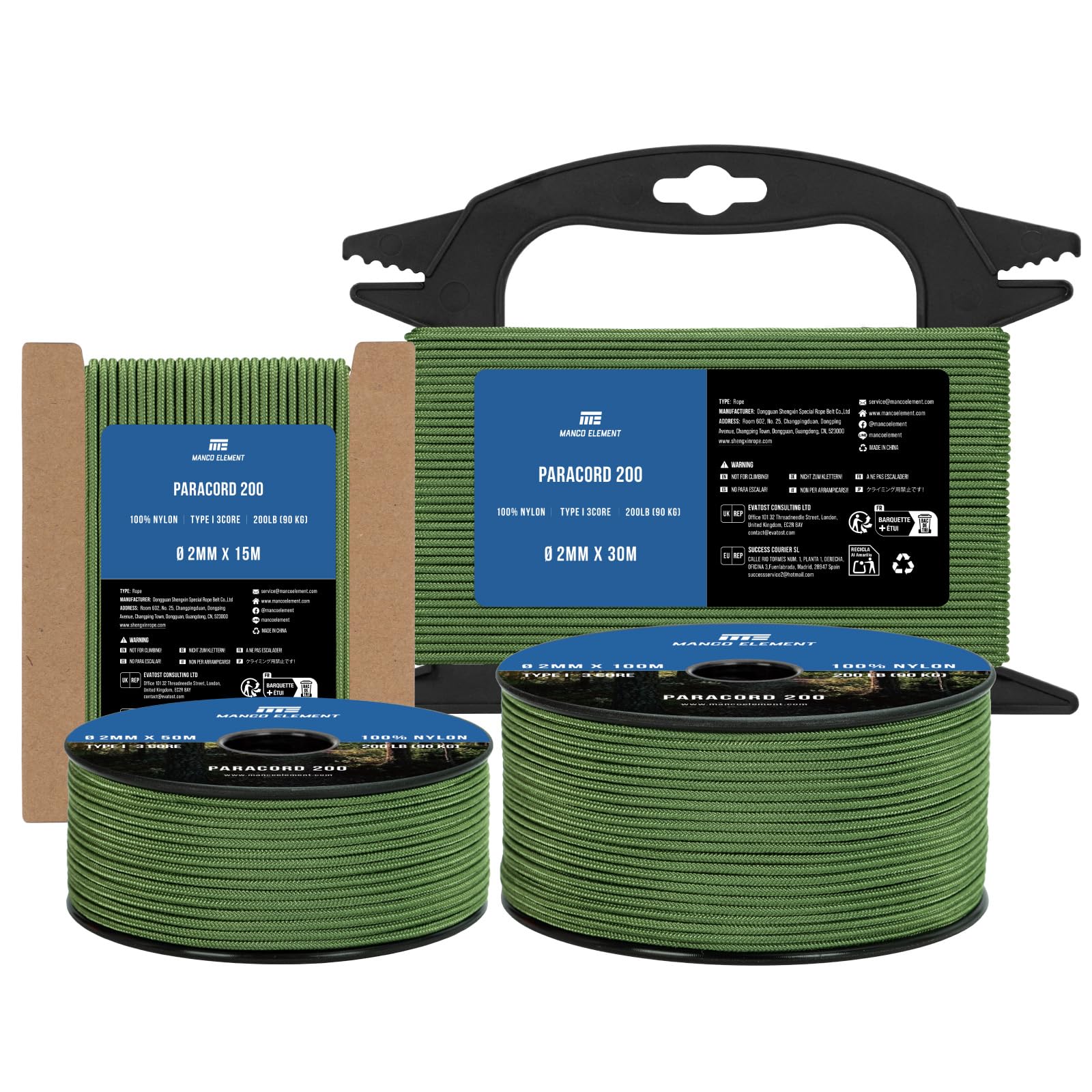 Manco Element Paracord 2mm 30m 3 Strands Type I Forest Green | 100% Nylon Parachute Cord Rope | 90KG Load Capacity - Ideal for DIY, Crafting, Outdoor, Camping