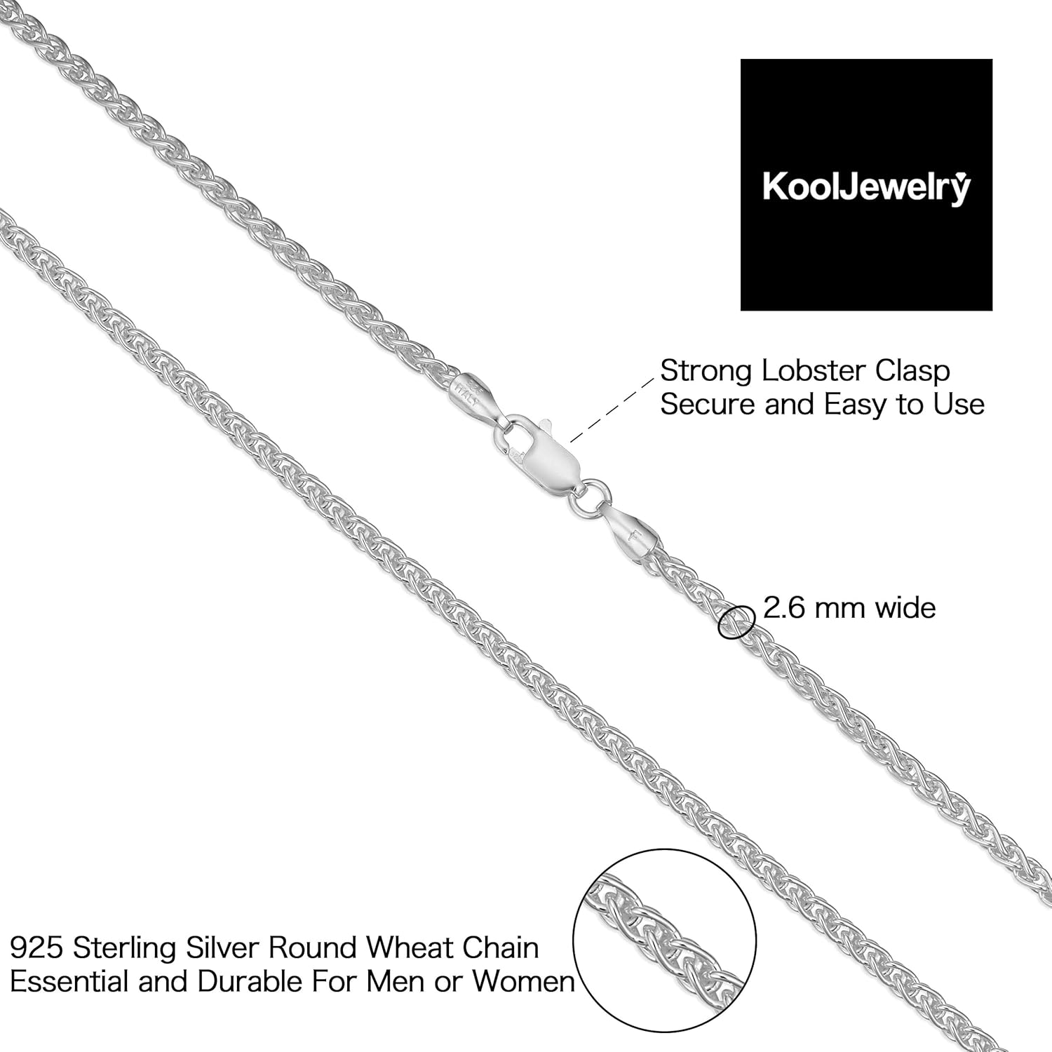 Kooljewelry 925 Sterling Silver Round Wheat Chain Necklace (1 mm, 1.5 mm, 2 mm or 2.6 mm) | Made in Italy - Image 3