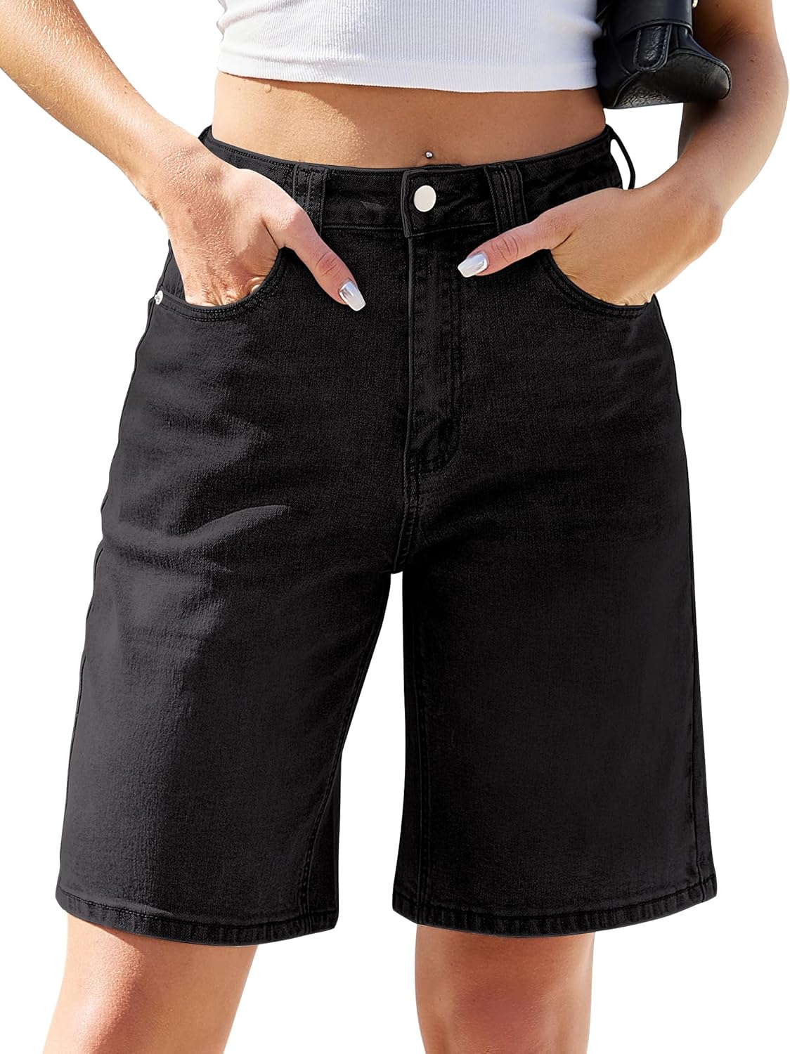 Eddoyee Women Bermuda Jeans Shorts, High Waisted Stretchy Jorts Baggy Knee Length Denim Shorts