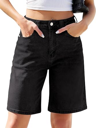 Eddoyee Women Bermuda Jeans Shorts, High Waisted Stretchy Jorts Baggy Knee Length Denim Shorts