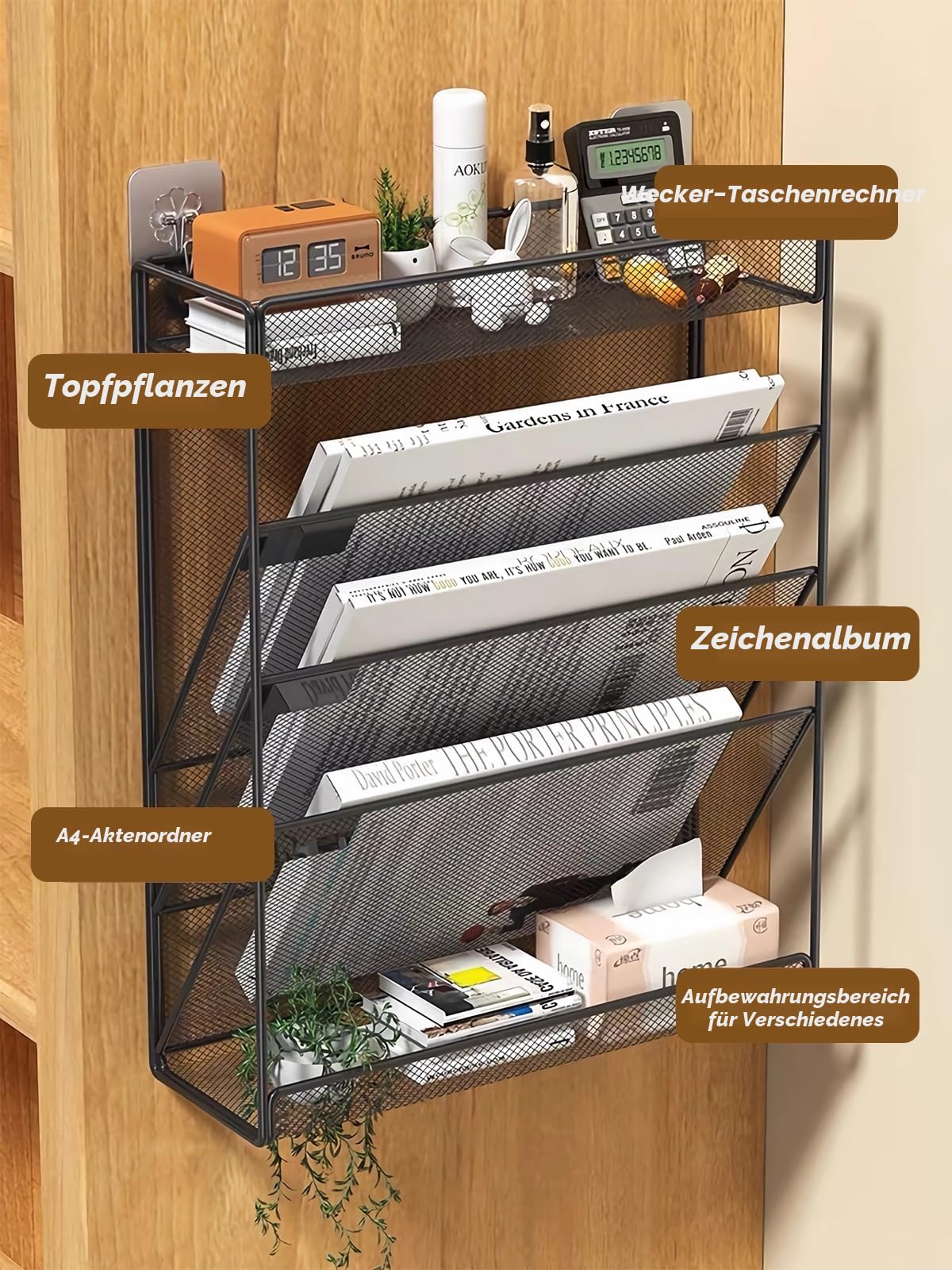 5-stöckiger Netz-Wandordner, 3 Taschen, vertikale Halterung, Hänge-Organizer mit oberer / unterer Ablage | 2 Haken | Wandhalterung und Türaufhängung für Büro Zuhause
