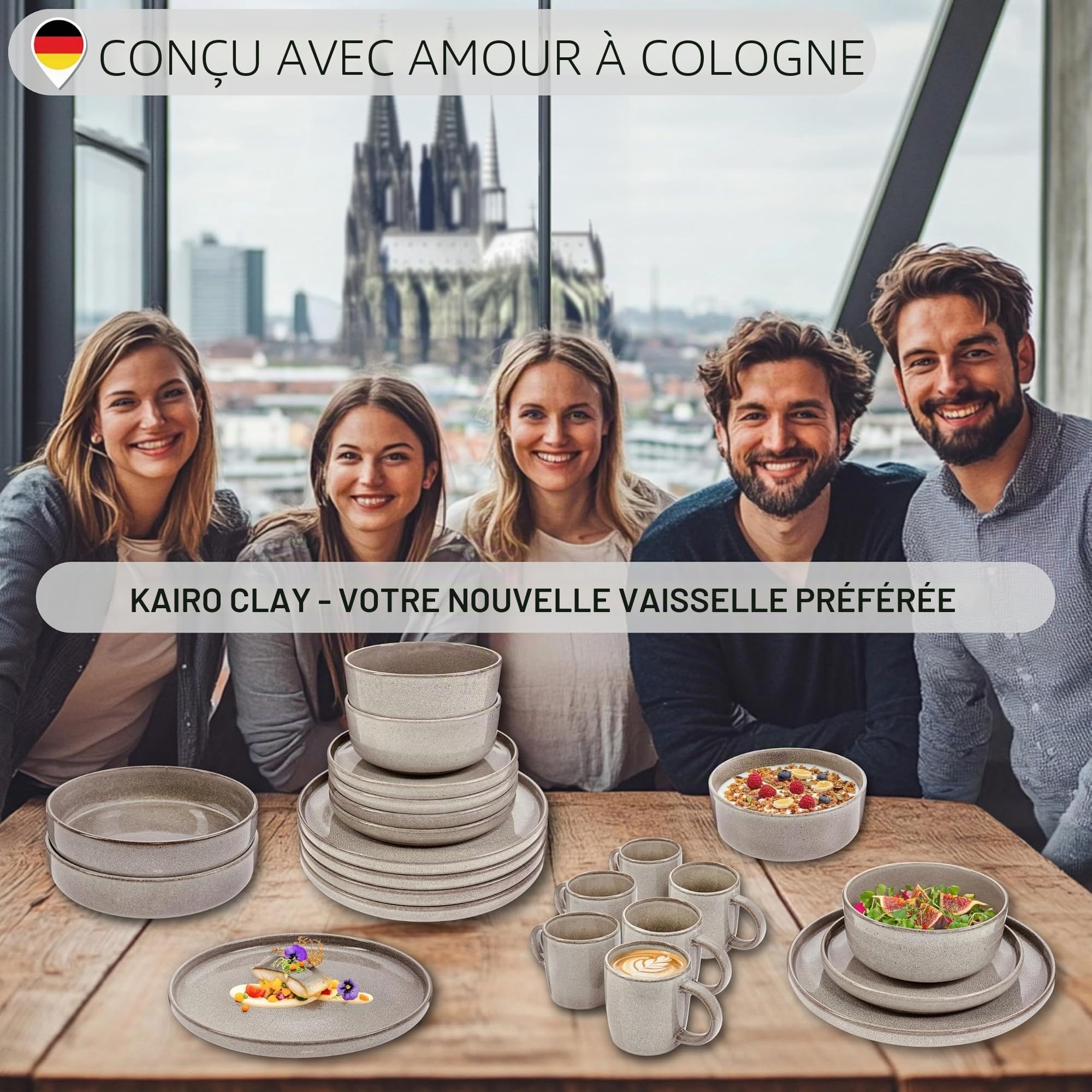 SÄNGER Kairo Clay | Service de table 18 pièces en faïence pour 6 personnes, 6 assiettes plates, 6 assiettes à dessert, 6 bols et bols gris, lot d'assiettes creuses | Value Collection
