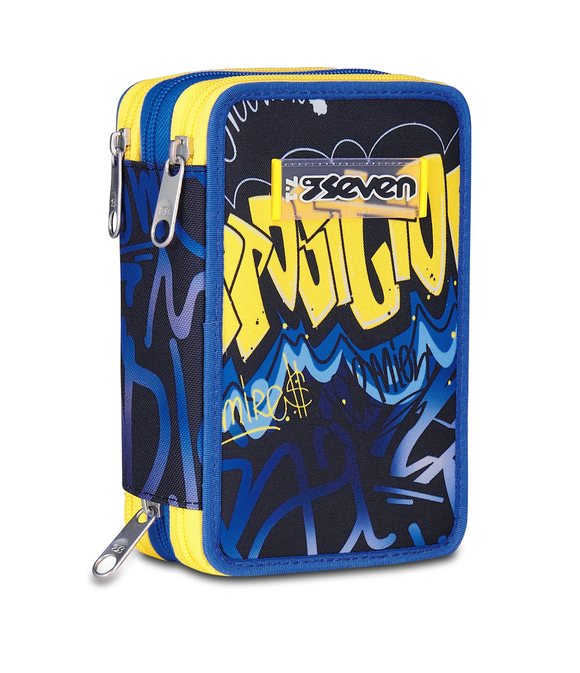 Seven Astuccio Scuola 3 Zip, Blu Giallo, Portapenne Triplo Scomparto Completo Di Penne, Matite, Colori, Accessori Zaino, Scuola Elementare, Bambino