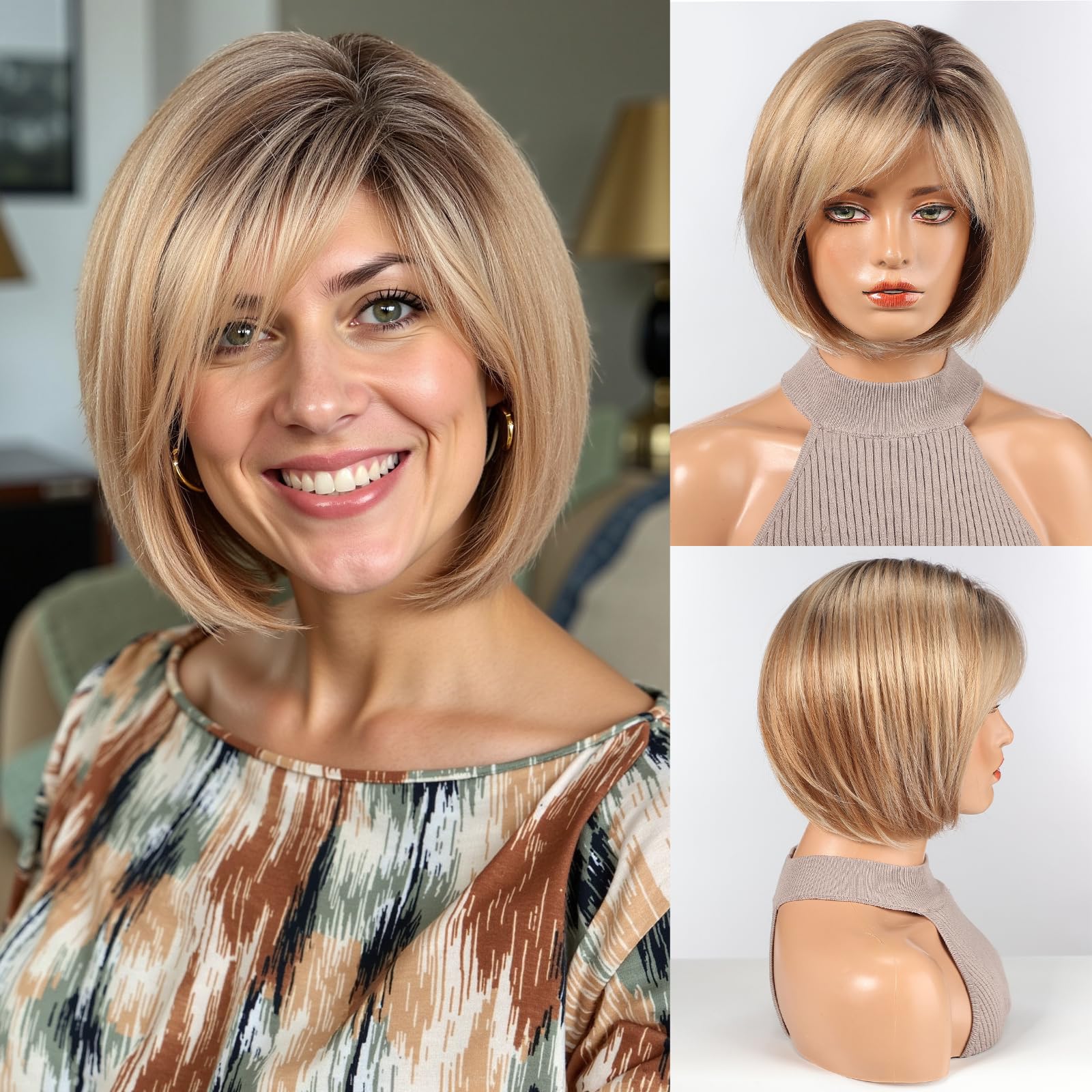 HAIRCUBE Bob Wigs for Women Synthetic Wig with Fringe Mixed Blonde Color