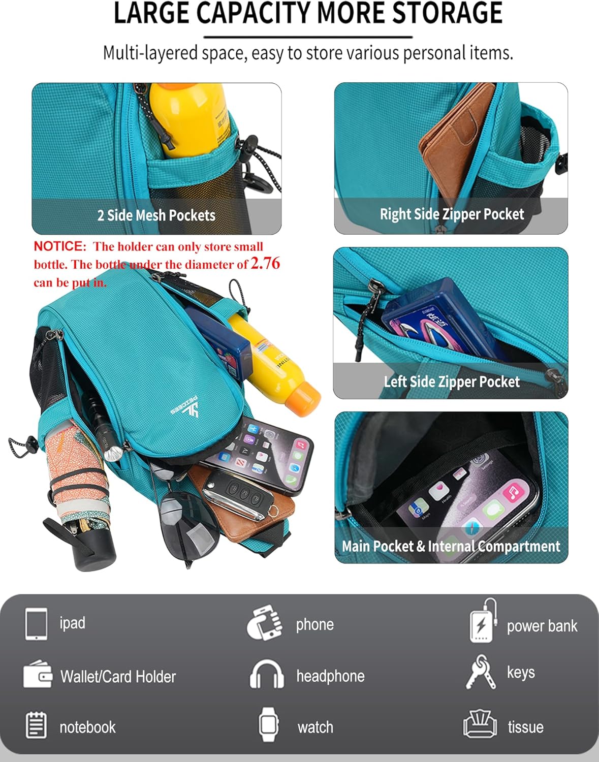 Peicees Small Sling Bag with 2 Bottle Holders (Suitable for 2.5 IN Diameter Bottle), Sling Backpack Crossbody Bag Chest Daypack for Daily Use Travel, Bottle Not Included, Dark Rose - Image 5