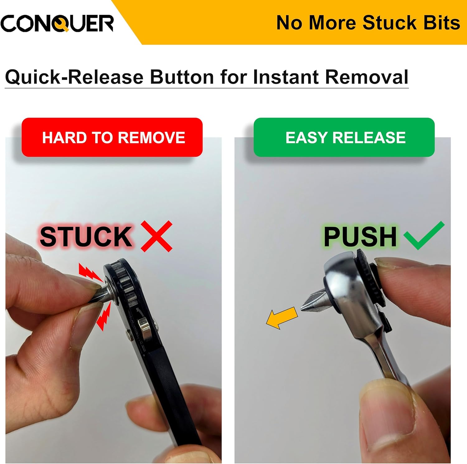 CONQUER 1/4" Drive Mini Ratchet Wrench - Double Headed Stubby Ratchet for 1/4" Square Sockets & Hex Bits - 72-Tooth Low Profile EDC Tool for Tight Spaces