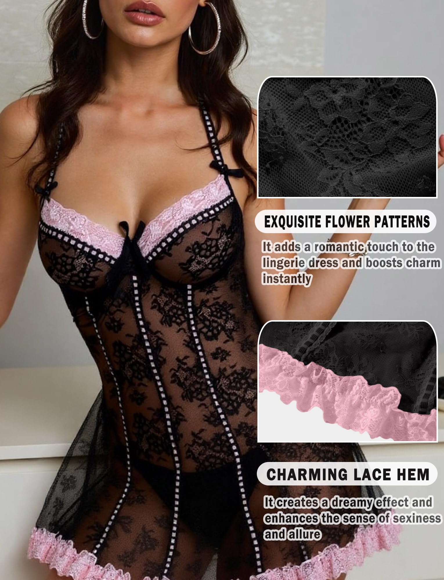 Ensemble Lingerie Sexy Femme Dentelle Florale Robe de Nuit avec String Set Transparente Col en V Nuisette Tenus de Nuit