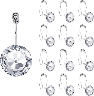 Sunlit Round Rhinestone Shower Curtain Hooks with Glide Balls, 12 Pack