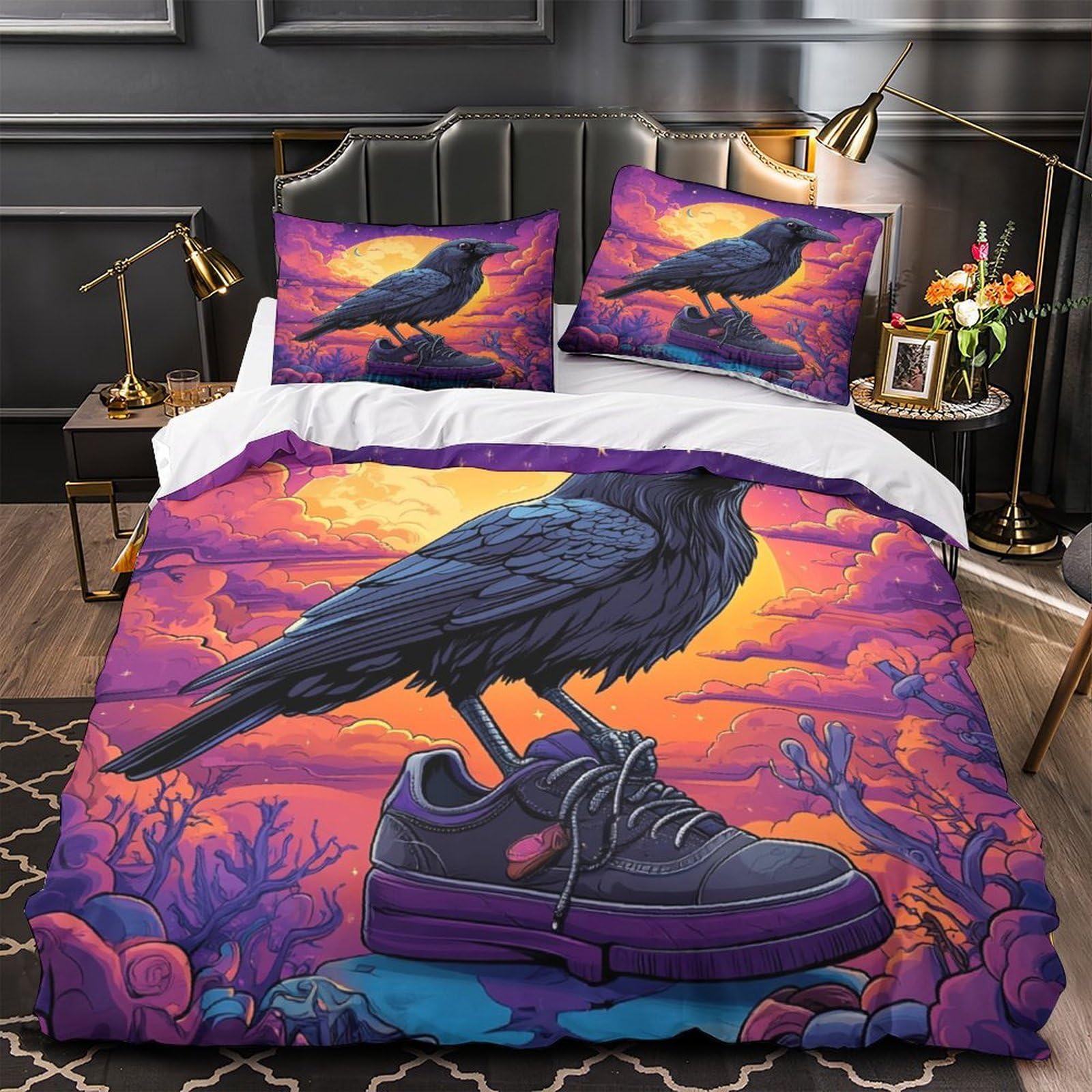 Housse de couette Corbeau de Nuit 260x220 parure lit 3D microfibre fantastique