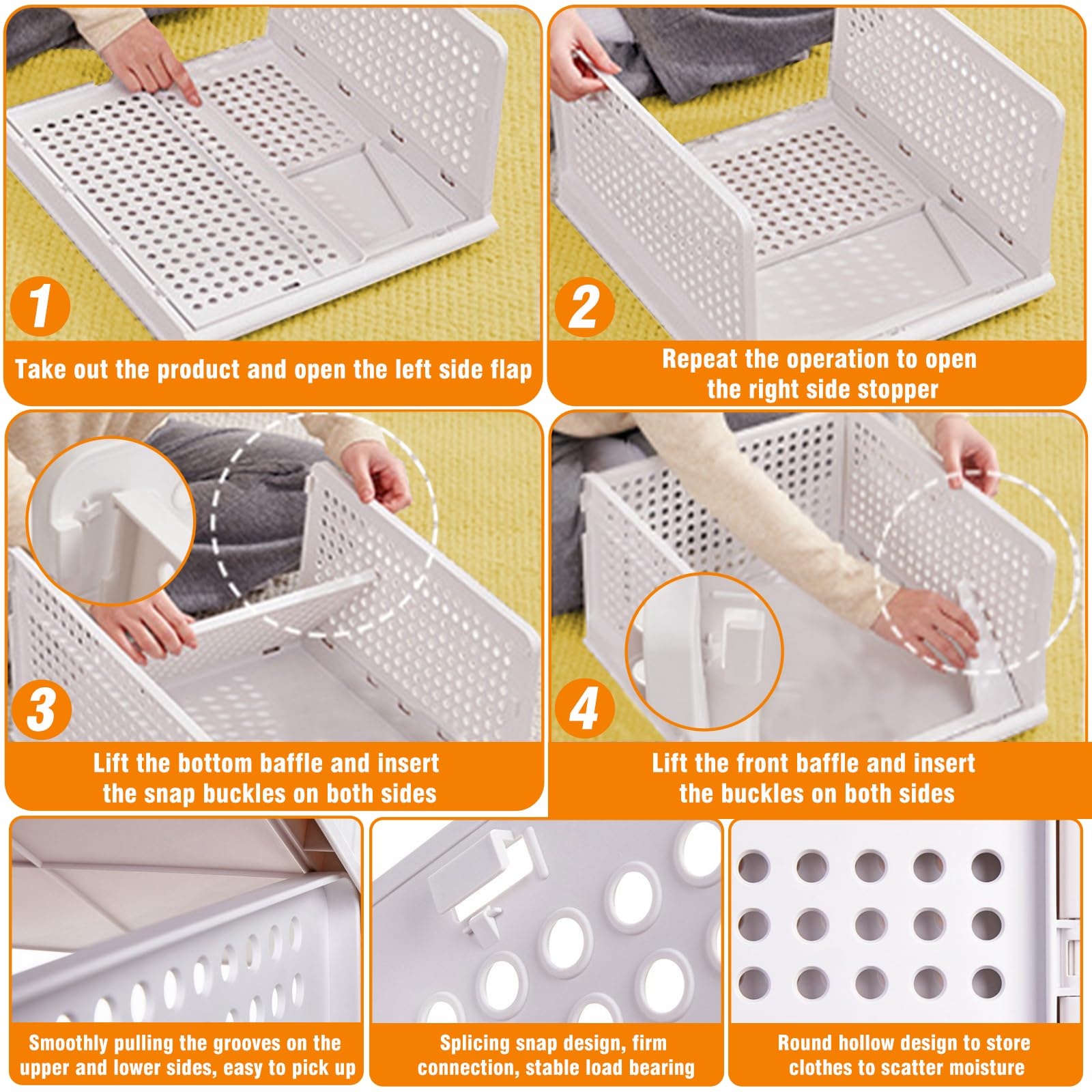 4 Piezas Organizador Armario Apilable, Cajas Almacenamiento Plastico Plegable, Cesta Cajoneras Almacenaje Interior, Organizadores Cajones Ahorra Espacio para Ropa, Cocina, Dormitorio, Baño (Blanco)