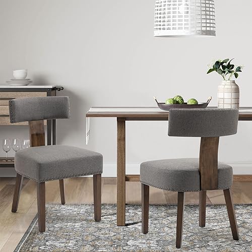 Miniatura 6 de Silla de comedor tapizada de madera, sillas de comedor de tela moderna de mediados de siglo con patas de madera, respaldo curvado, sillas de cocina