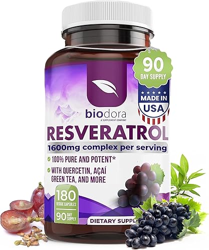 Adora Organics Resveratrol 1600 mg, suplemento antioxidante Trans-Resveratrol con té verde, extracto de semilla de uva y quercetina, ayuda a apoyar