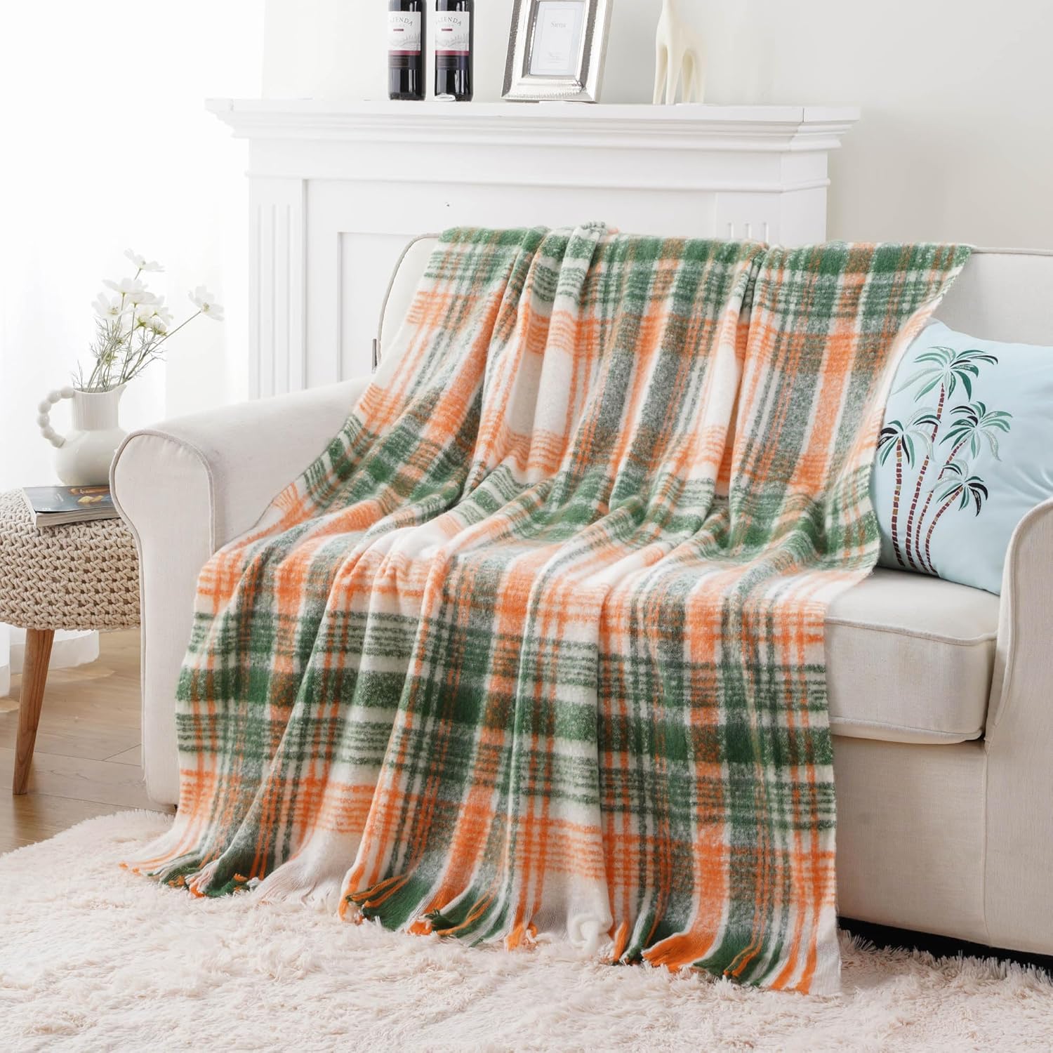 BATTILO Green Plaid Throw Blanket for Couch, Fall Mohair Tartan Plaid Blanket, Farmhouse Style Orange Throw Blankets for Home Decor(50"x60") - Image 7