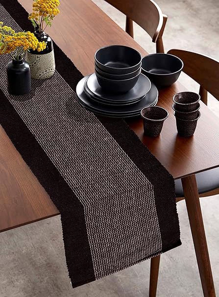 Ratan Dining Table Mat 1 Runner Machine Washable Coffee and White