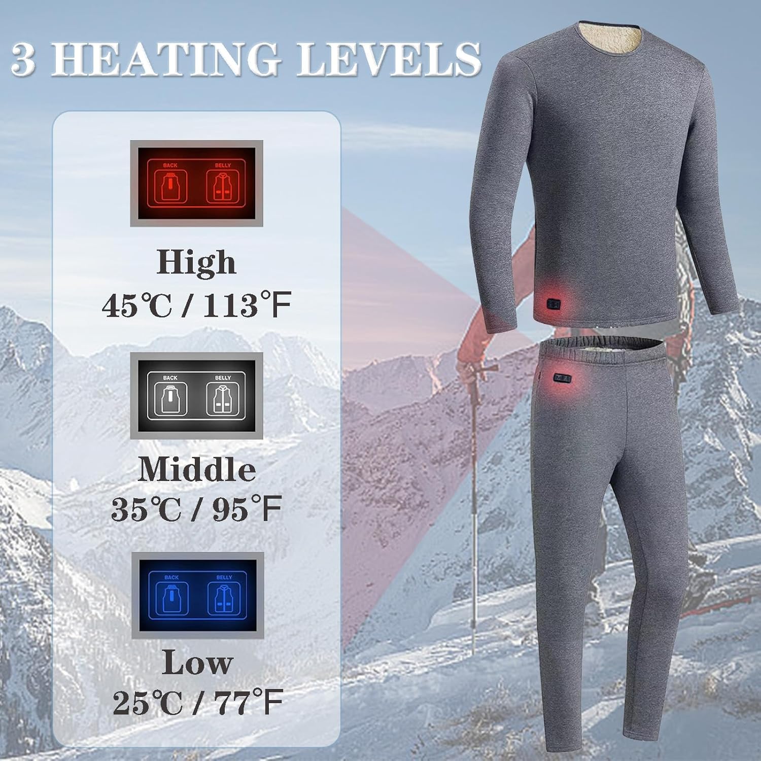 Heated Thermal Underwear Set Dual Control 18 Zones Electric Heating Thick Thermal Underwear Fleece Lined Base Layer