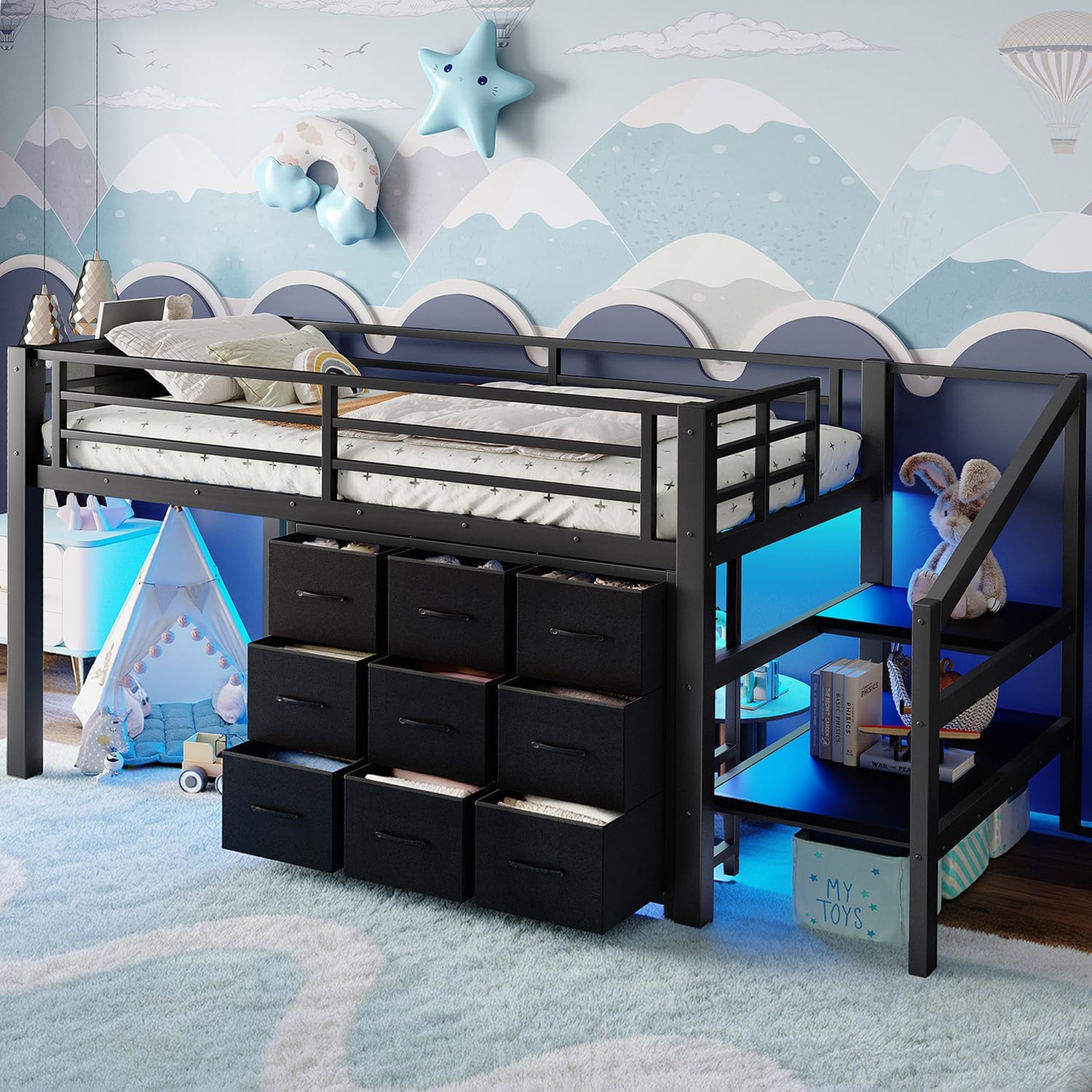 Low Loft Bed Twin Size with Storage Drawers & Stairs, Metal Twin Bed Frame with Built-in Lights, Black Kids Loft Beds with 13" H Safety Guardrail for Boys Girls, Under-Bed Play Space | Sturdy Metal Frame