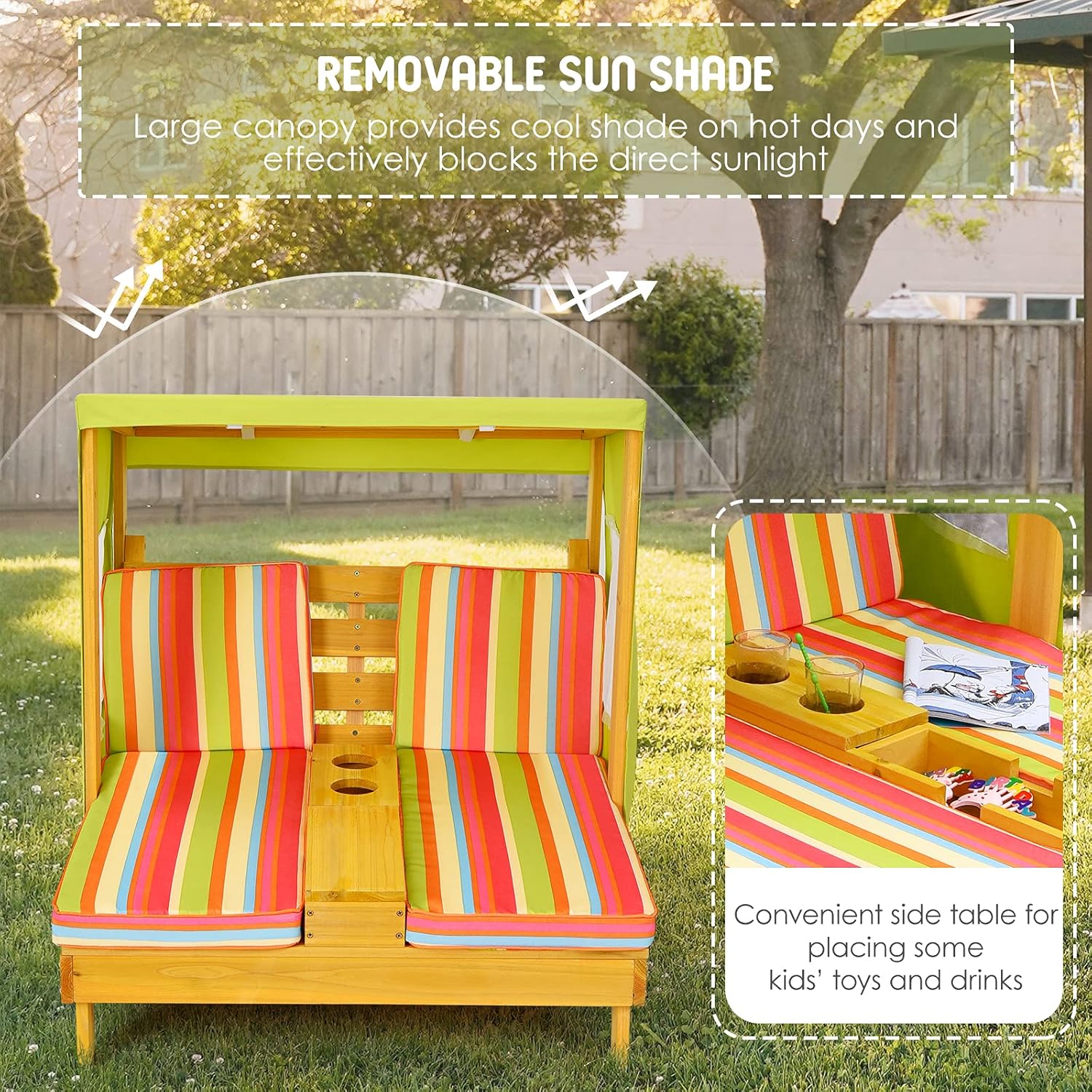 Costzon Kids Lounge Chair Outdoor, Wood Double Seat Chaise Lounge with Canopy, Cup Holders, Cushion, Backrest Recliner, Kids Patio Furniture, Gift for Boys Girls 3-8 Years Old