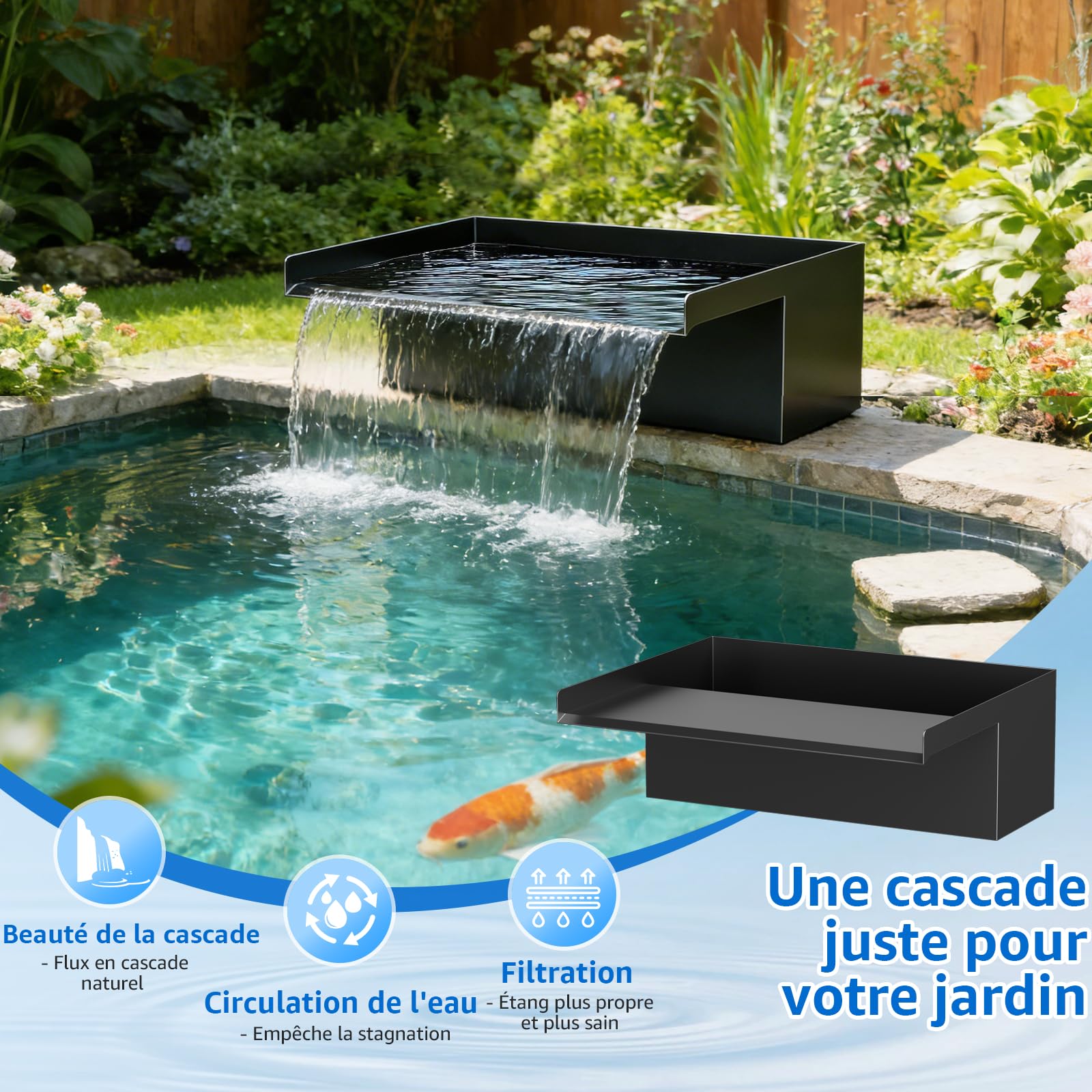 Kit Cascade Bassin 20 cm Acier Inoxydable 304 Pompe 2500 L/H Tuyau Antigel 3 m Câble 5 m