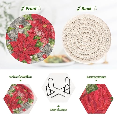 Miniatura 4 de innewgogo Christmas Poinsettia Flower 6 Pcs Absorbent Drink Coasters for Tabletop Protection Handmade Round Woven Coaster with Holder & Heat Water