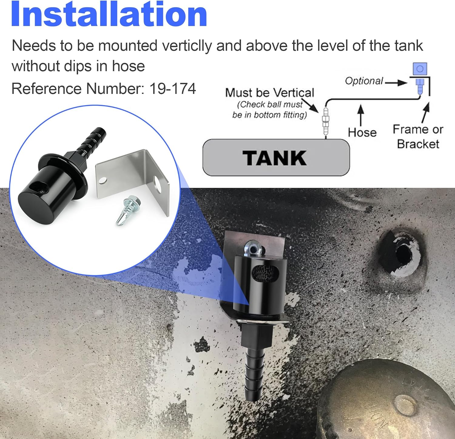 Fuel Tank Vent Roll Over Valve with Bracket Kit Remote Mount Rollover Check Valve 19-174 For Holley Sniper EFI Upgrade 5/16 Hose Barb (Black)