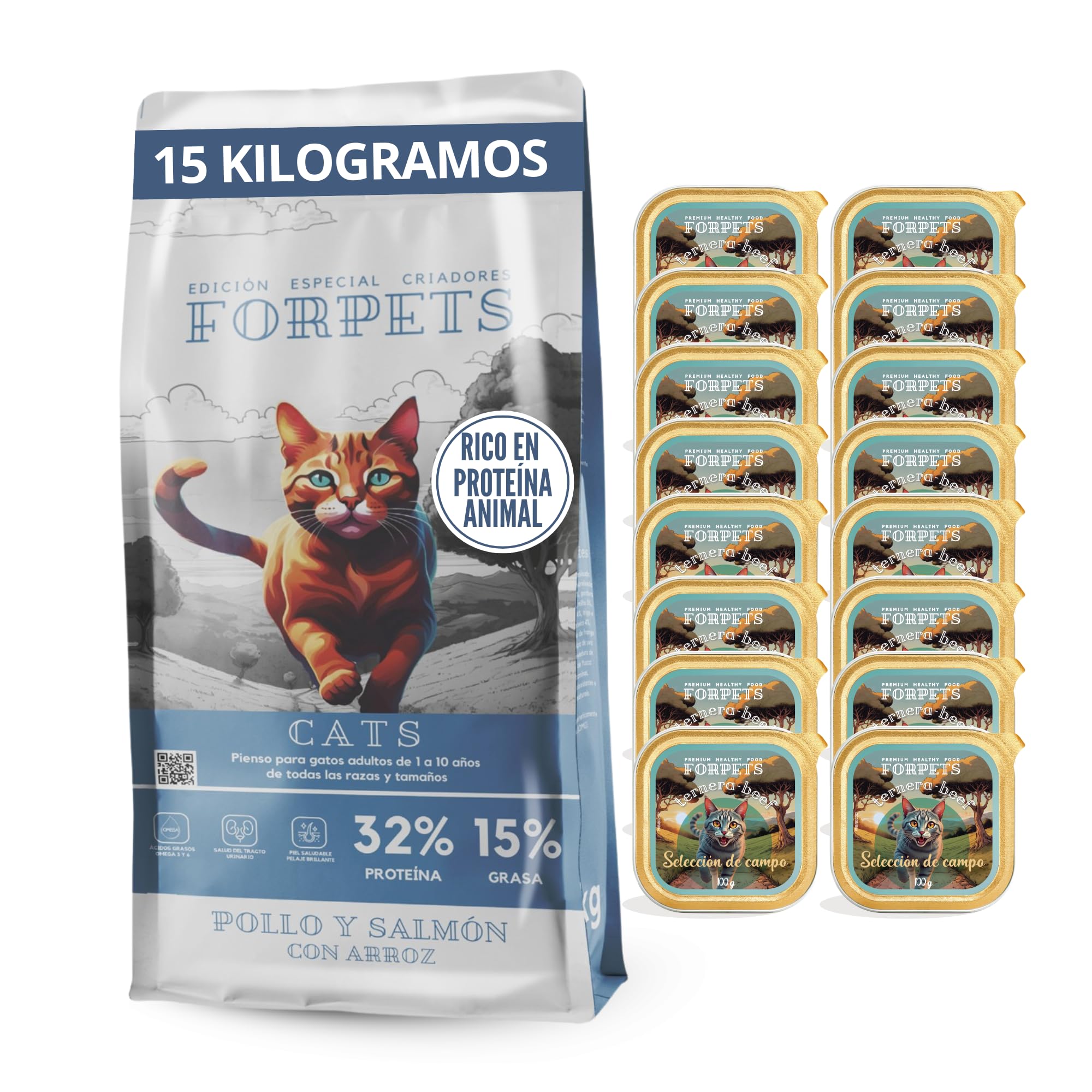 Pienso para Gatos Adultos con Pollo y Salmón | Salud Urinaria, Pelo Brillante y Digestión Sensible | Sin Gluten | Razas Pequeñas y Medianas | FORPETS Cats (15 kg + 16 latas 100g selección de Campo)