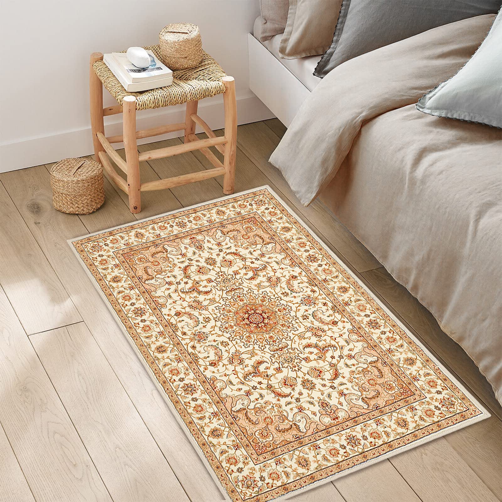 COMSLE Petit tapis bohème lavable en machine pour entrée, fausse laine, tapis antidérapant pour chambre à coucher, cuisine, salon