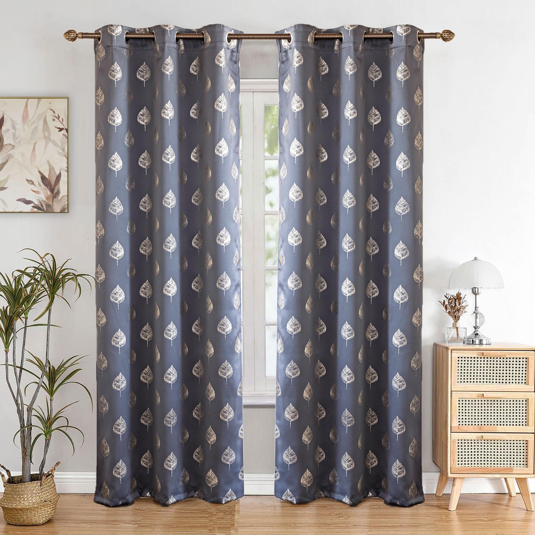 HOMEMONDE Room Darkening Blackout Curtain Pack of 1 Gold Foil Printed 9 Feet Long Drapes, Sound & Heat Reducing Long Door Curtains with Grommets - (Grey- 108 Inch)