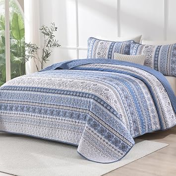 Goodidea Boho Quilt Set Queen Size, Blue Stripe Microfiber Bedspread Set