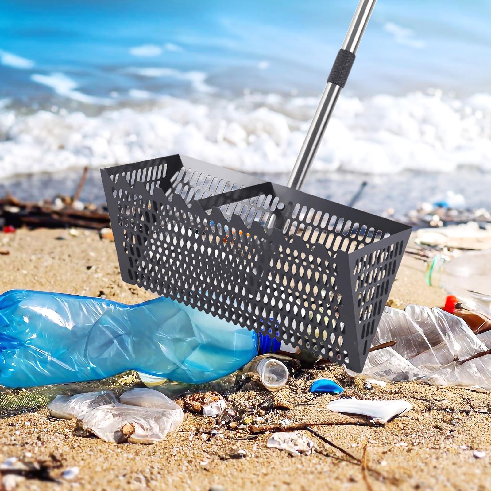 perfk Setacciatore di Sabbia, 141 Cm Rastrello delle Pulci di Sabbia, Setaccio da Spiaggia con Manico Lungo in Acciaio, per L'uso Come Vaspaccia Feci, Strumento di Pulizia della Spiaggia, Nero